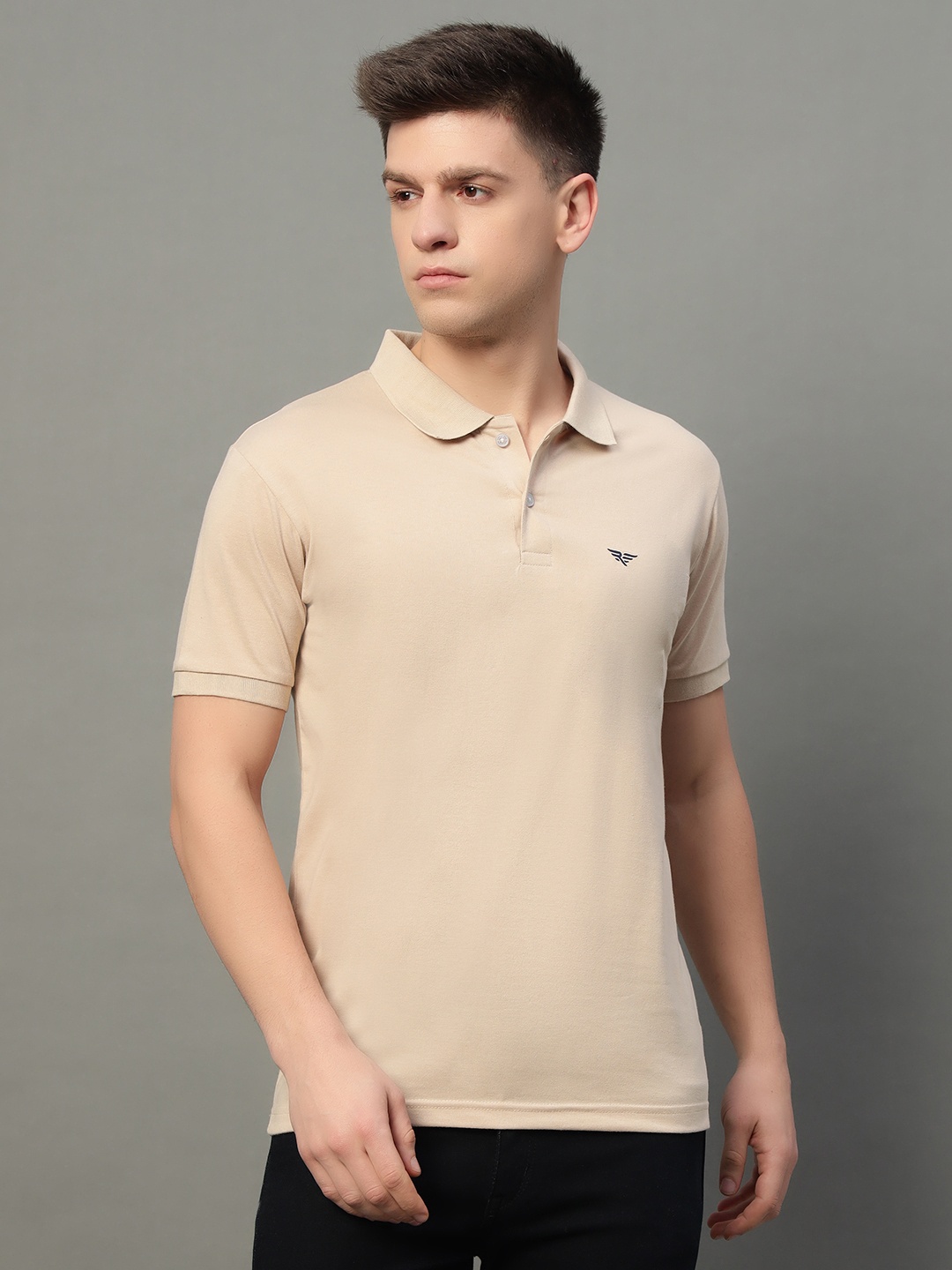 

RISS Men Solid Polo Collar Cotton T-shirt, Beige
