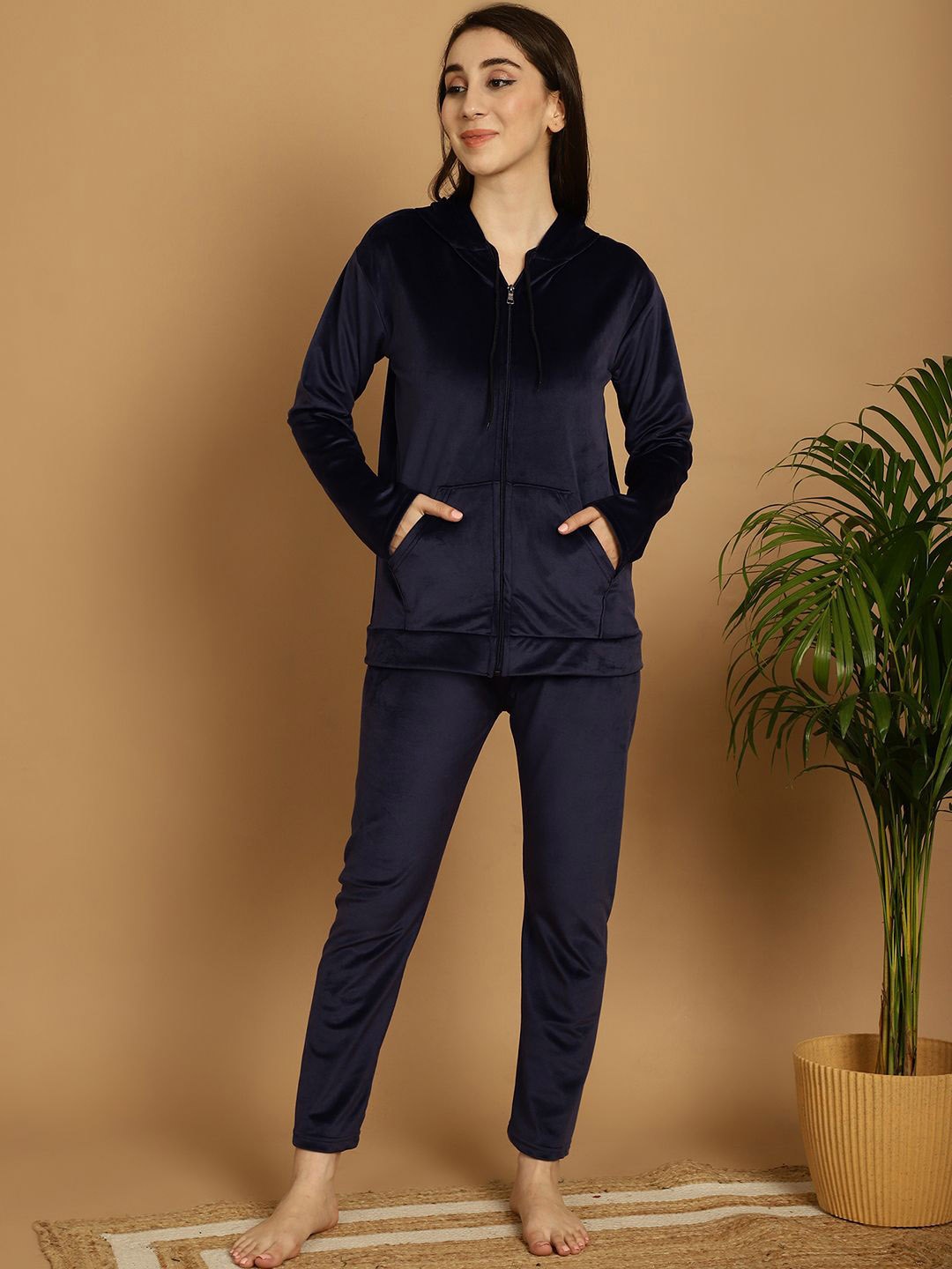

Valles365 by S.C. Women Hooded Velvet Night suit, Navy blue