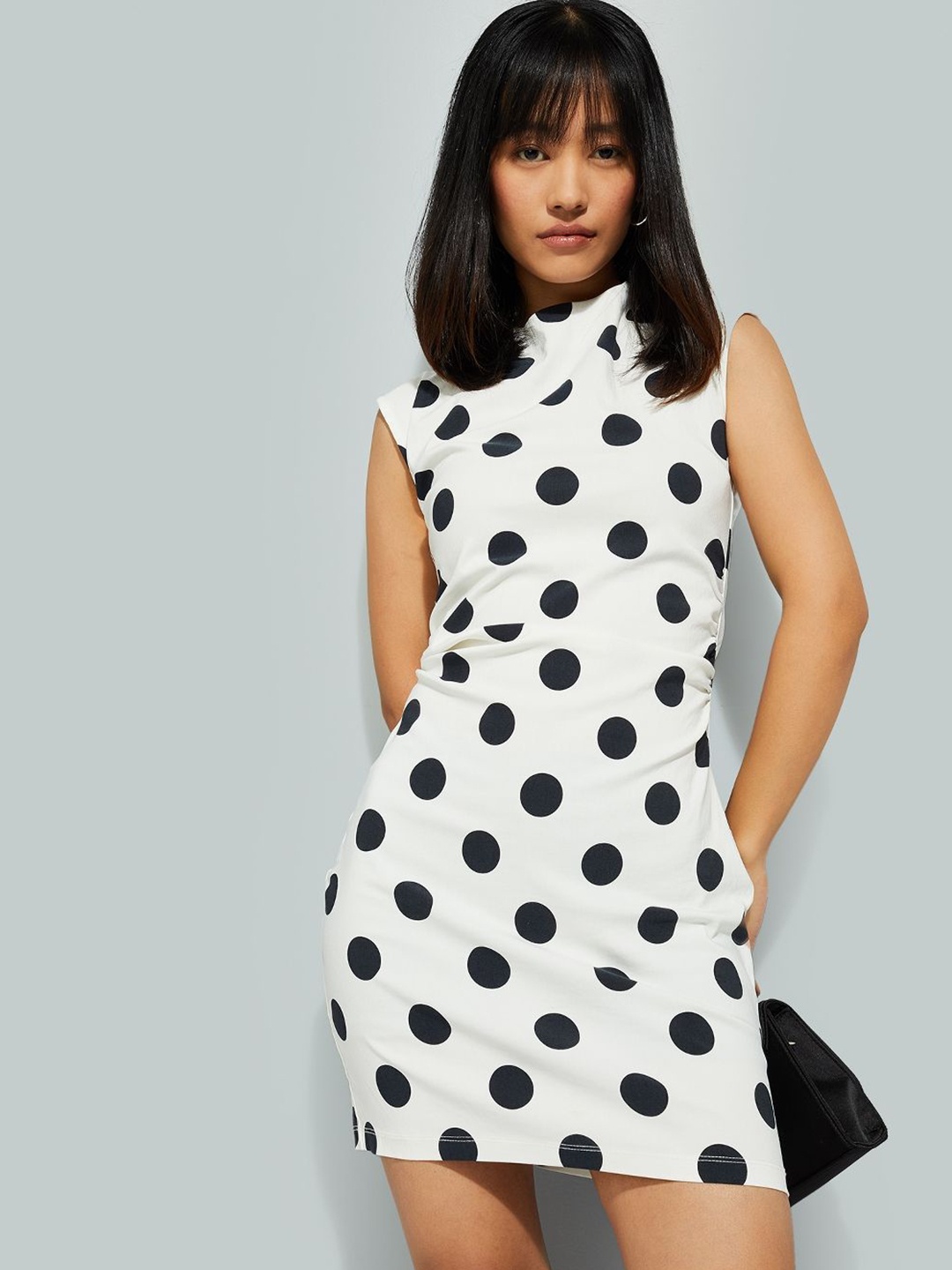 

max Polka Dot Printed High Neck Sleeveless Sheath Dress, White