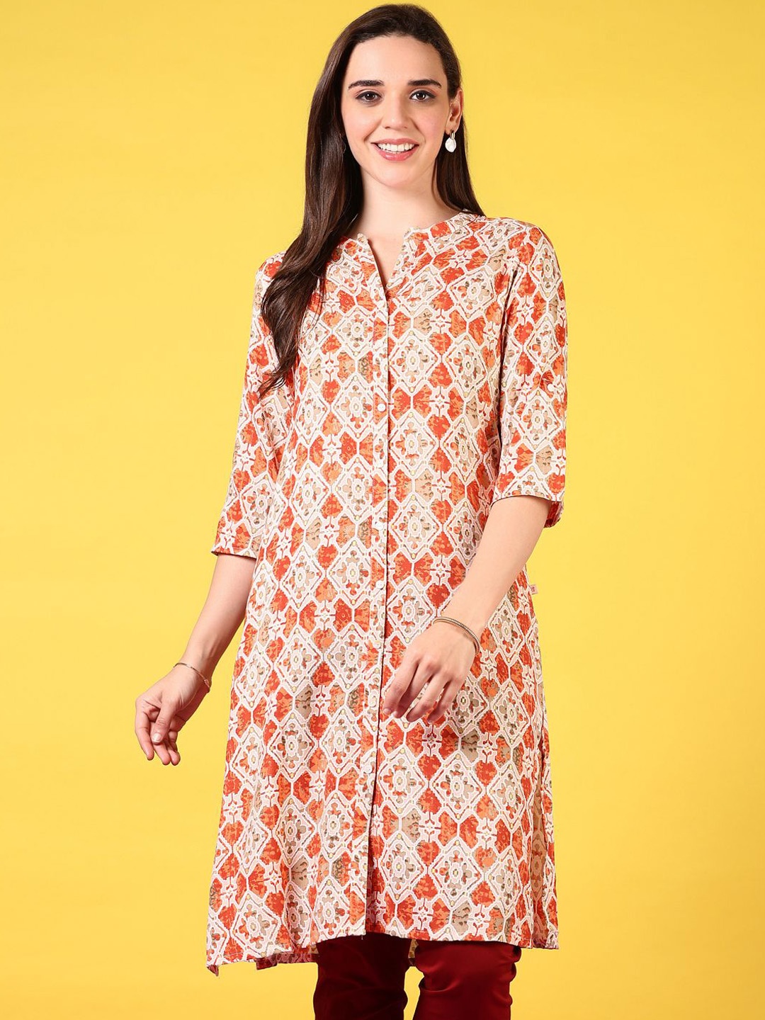 

V-Mart Ethnic Motifs Printed Mandarin Collar Straight Kurta, Orange