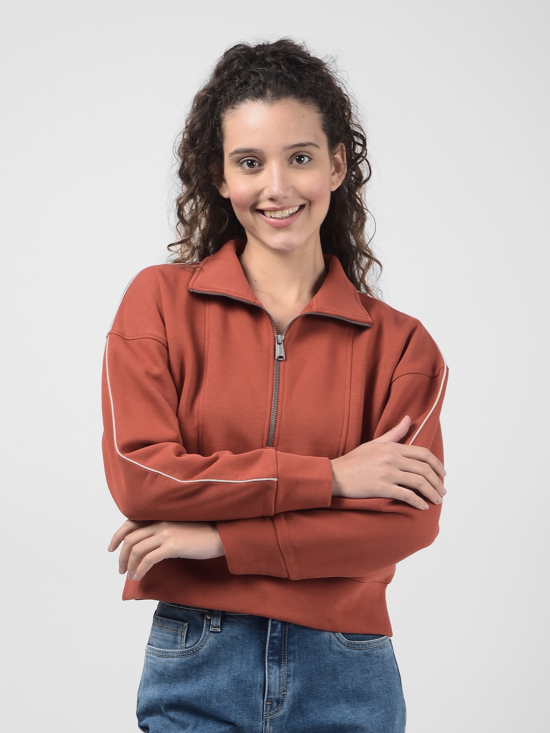 

Numero Uno Women Shirt Collar Front-Open Sweatshirt, Brown