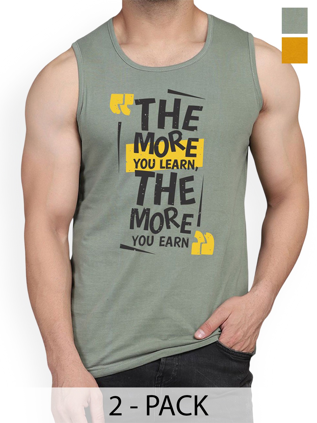 

WOOSTRO Pack Of 2 Printed Combed Cotton Gym Vest RS26 CMB (MORE LGTGREEN) (98 MUSTARD), Green