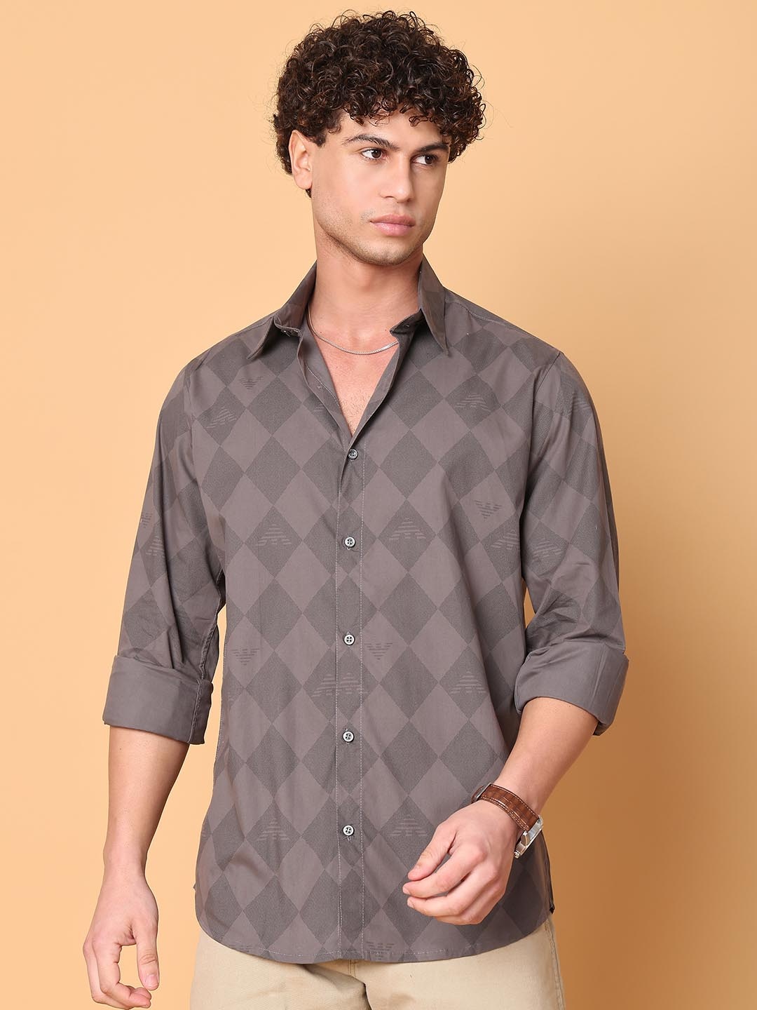 

Tanip Men Spread Collar Geometric Printed Cotton Casual Shirt, Grey