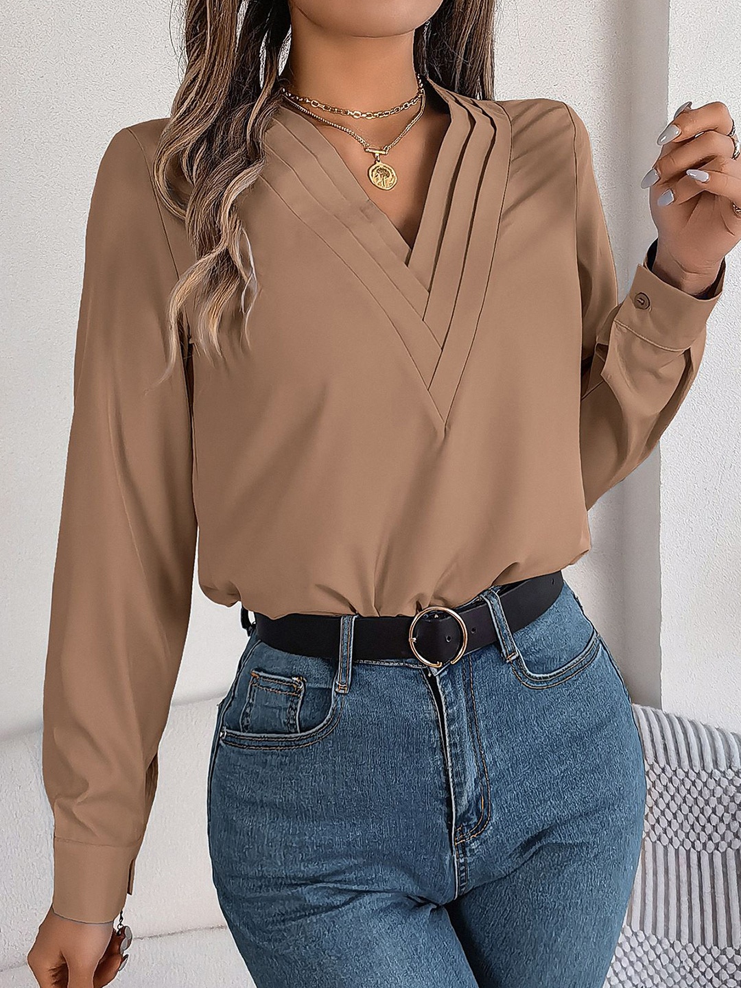 

StyleCast x Revolte Solid V-Neck Cuffed Sleeve Regular Top, Khaki