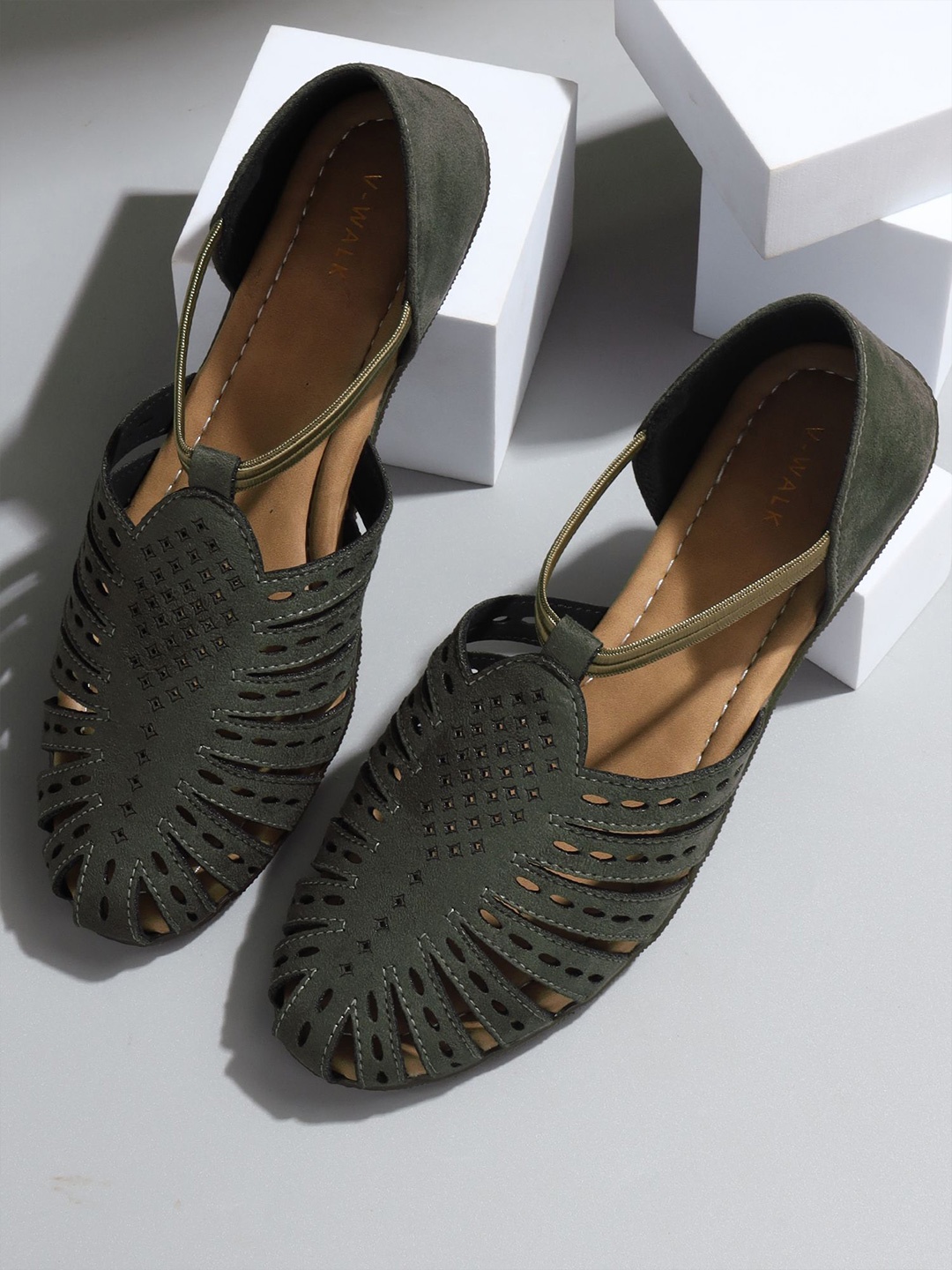 

V-WALK Women Laser-Cut Ankle Strap Flats, Green