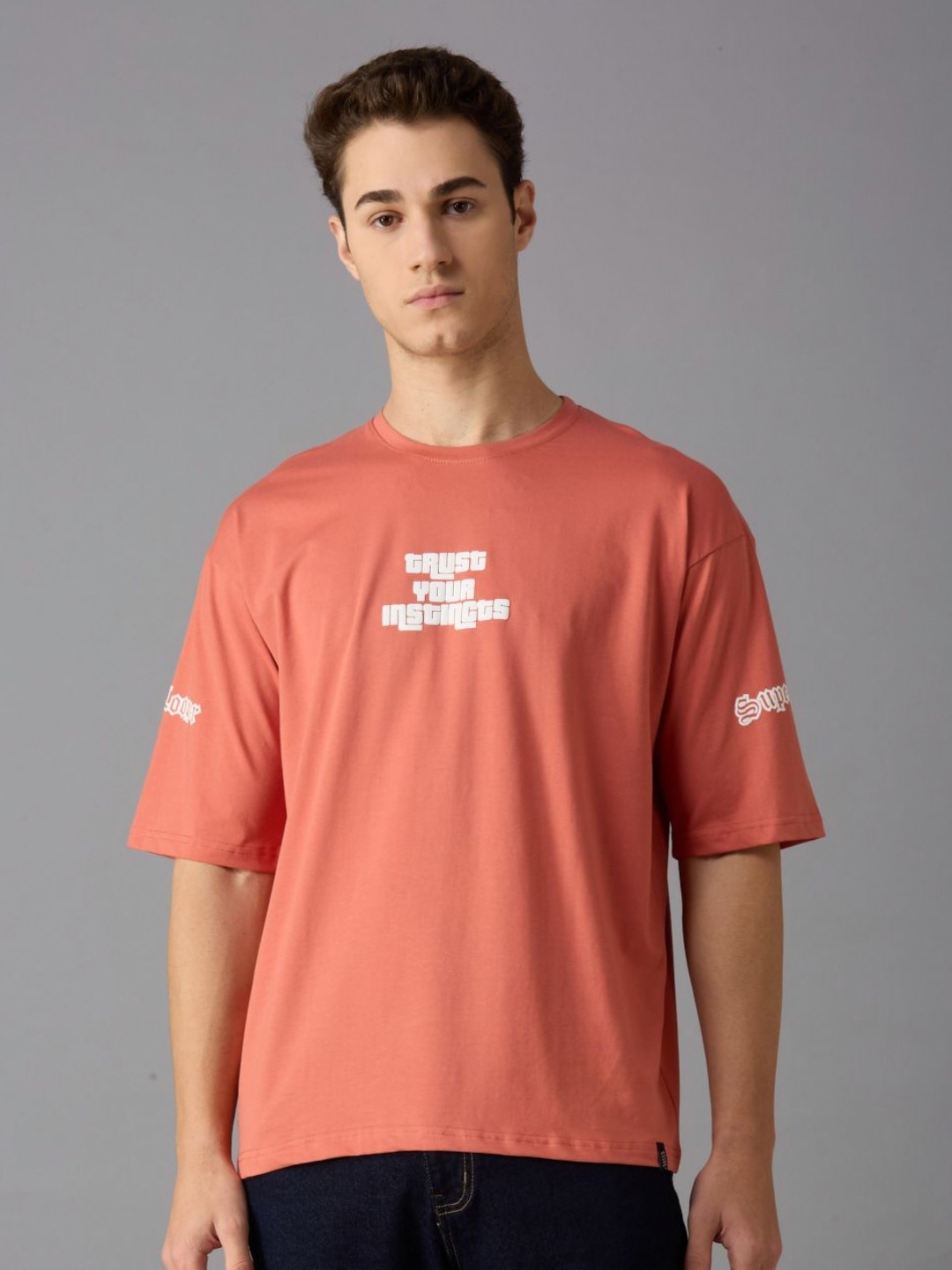 

Autumn Hues Men Typography Printed Round Neck Cotton Oversized T-shirt, Coral