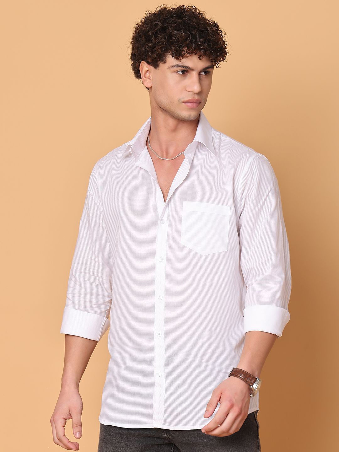 

Tanip Men Spread Collar Textured Cotton Casual Shirt, White