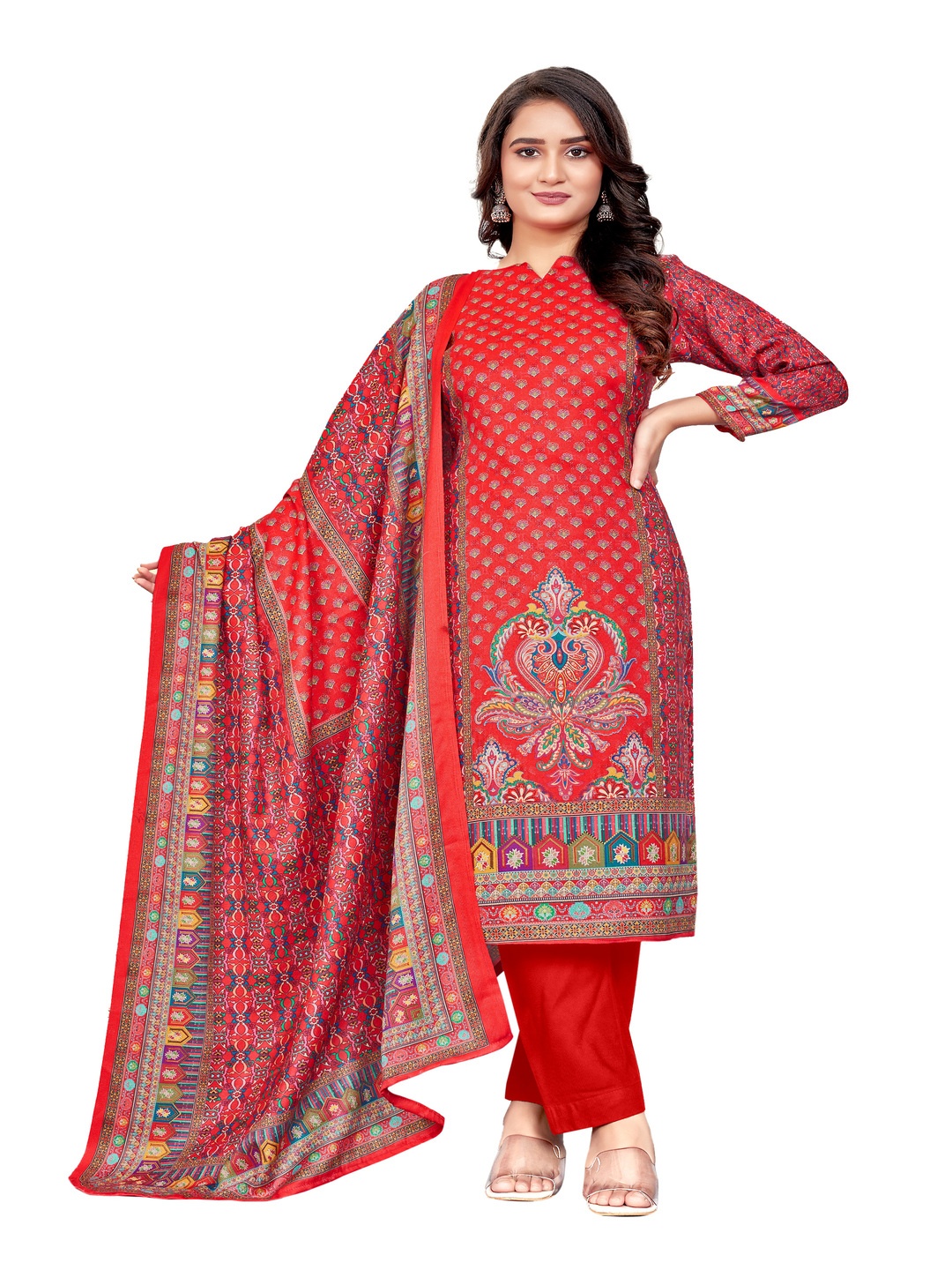 

DRAVINAM Trends Ethnic Motifs Printed Pashmina Unstitched Dress Material, Red