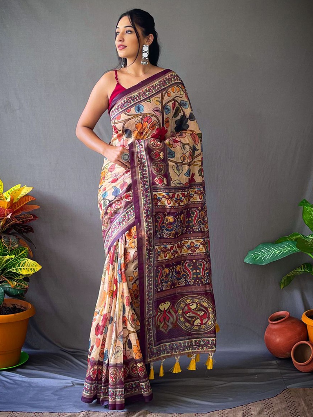 

TORONFRAS Kalamkari Printed Chanderi Saree, Beige