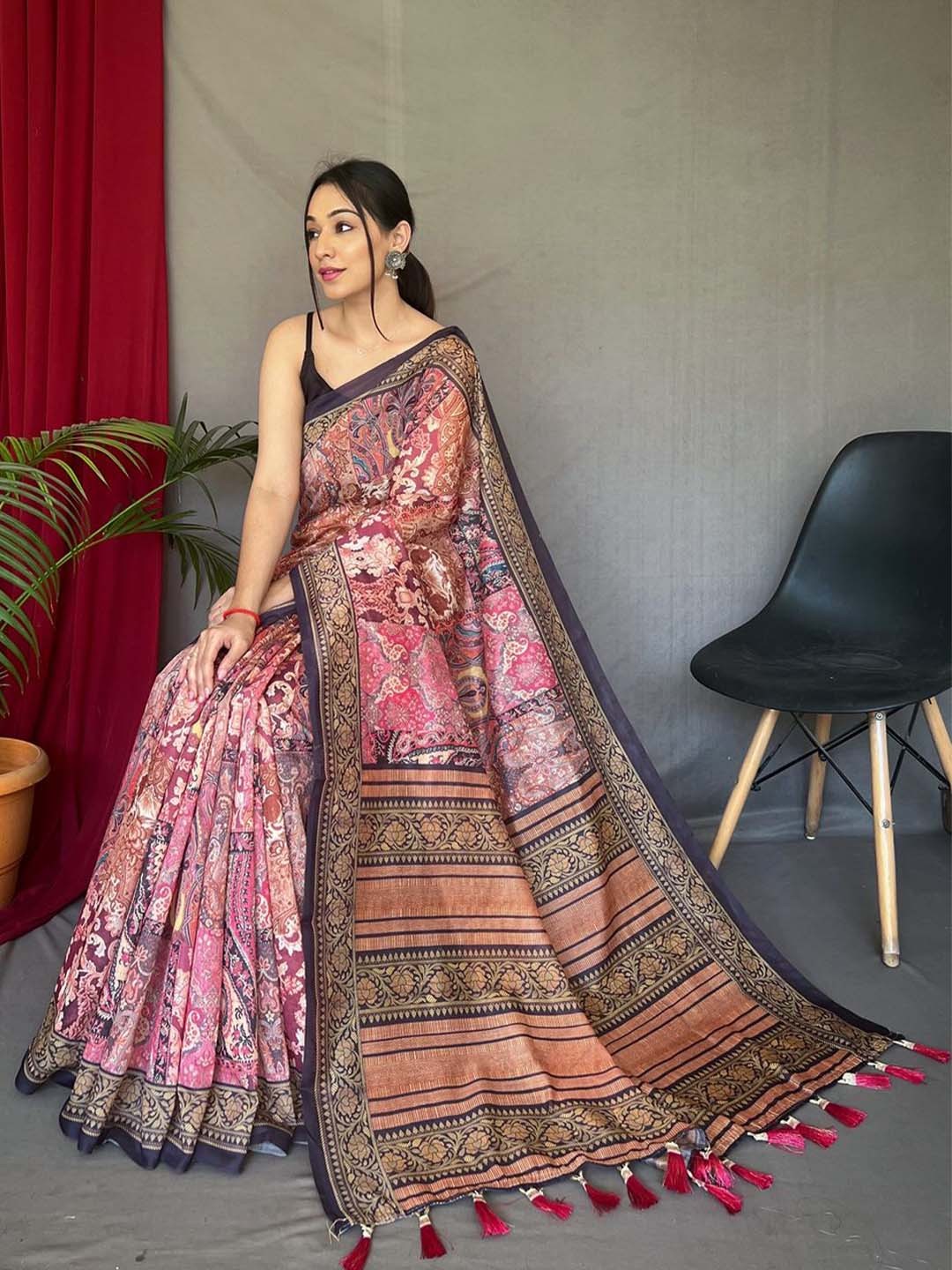

TORONFRAS Ethnic Motifs Fusion Chanderi Saree, Pink