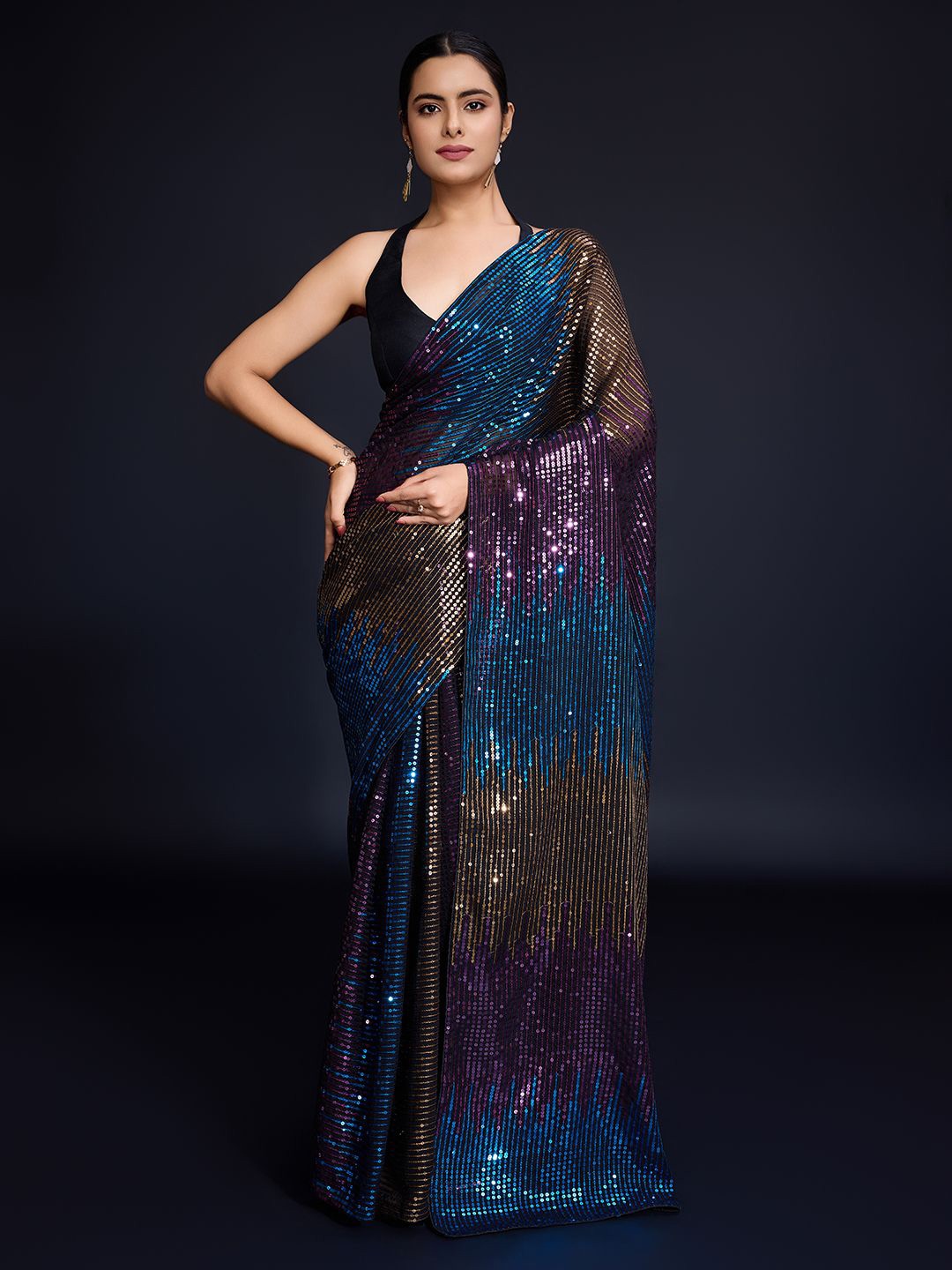 

Moda Rapido Embellished Sequinned Pure Georgette Saree, Navy blue
