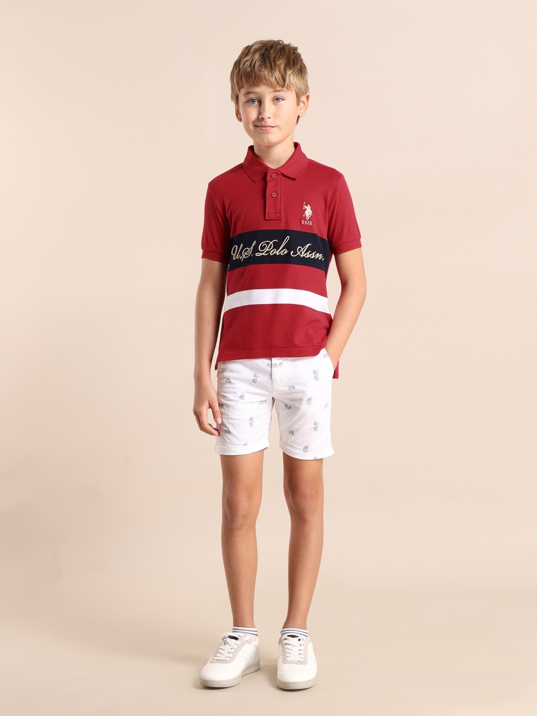 

U.S. Polo Assn. Kids Boys Brand Logo Colourblocked Polo Collar Pockets T-shirt, Red