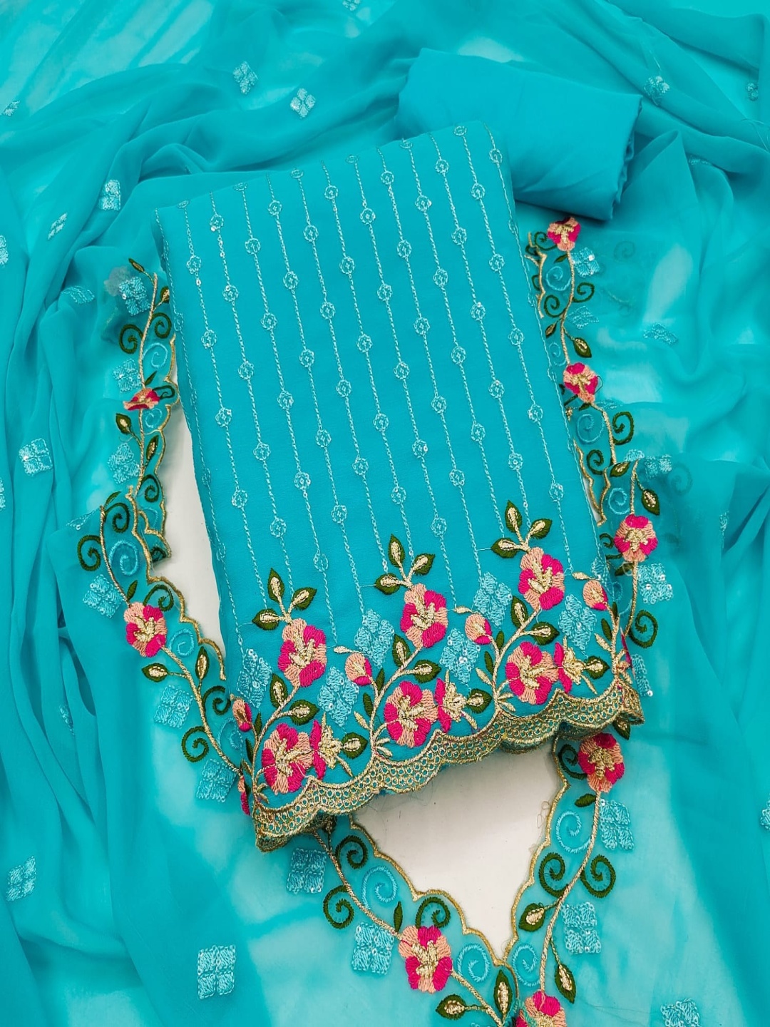 

SWARNGANGA TEX Floral Embroidered Sequinned Unstitched Dress Material, Blue