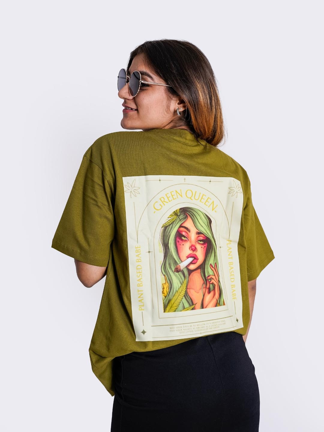 

JAC INDIAN Women Graphic Printed Round Neck Cotton Oversized T-shirt, Olive