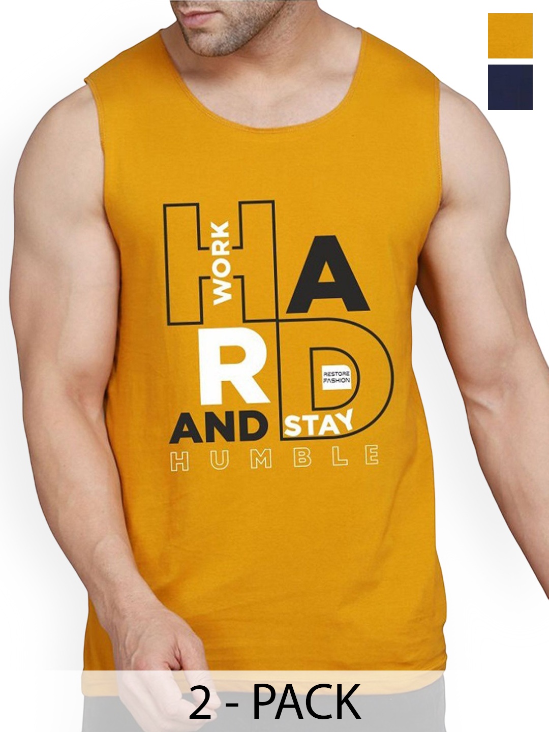 

WOOSTRO Men Pack Of 2 Printed Innerwear Vests - RS26 CMB (RUN NAVY) (HARD MUSTARD), Navy blue