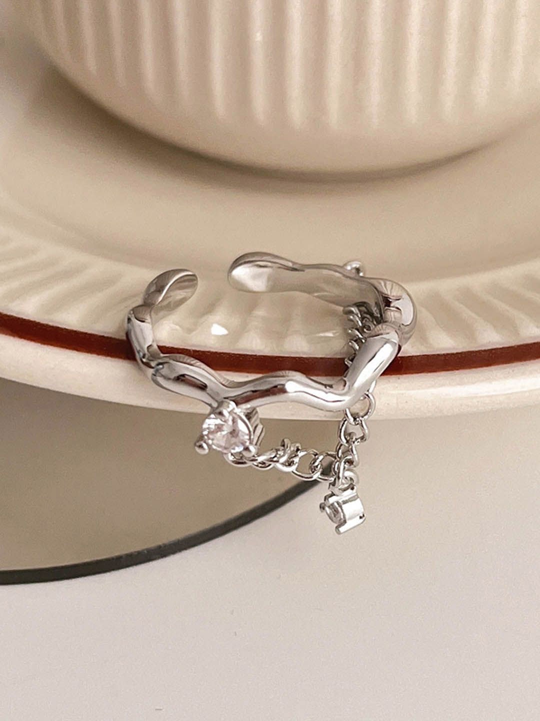 

StyleCast Silver-Toned Silver-Plated Stones Studded Adjustable Chain Linked Finger Ring