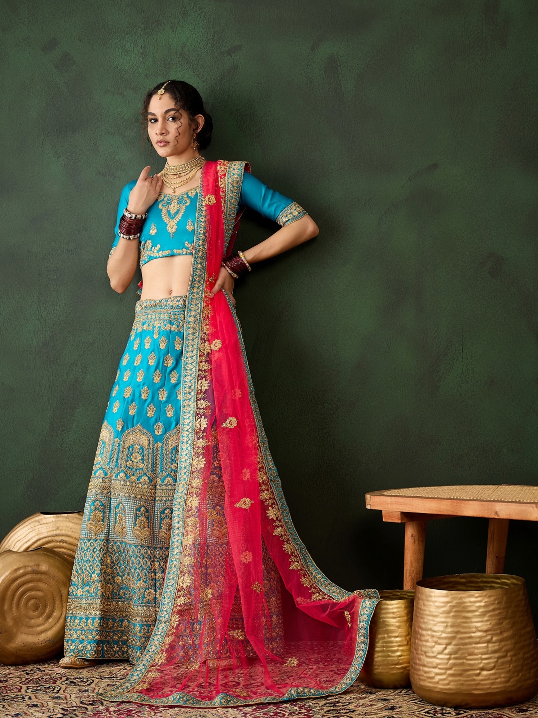 

DEVATITHI Embroidered Thread Work Silk Semi-Stitched Lehenga & Blouse With Dupatta, Teal