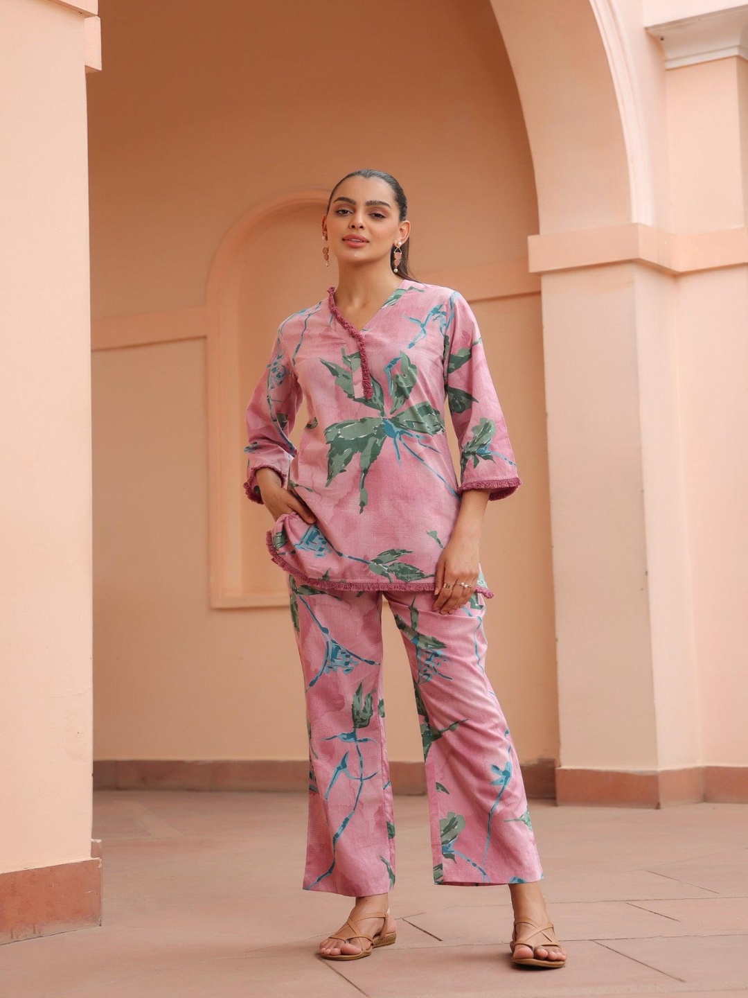 

JISORA Printed V-Neck Pure Cotton Co-Ords Set, Pink