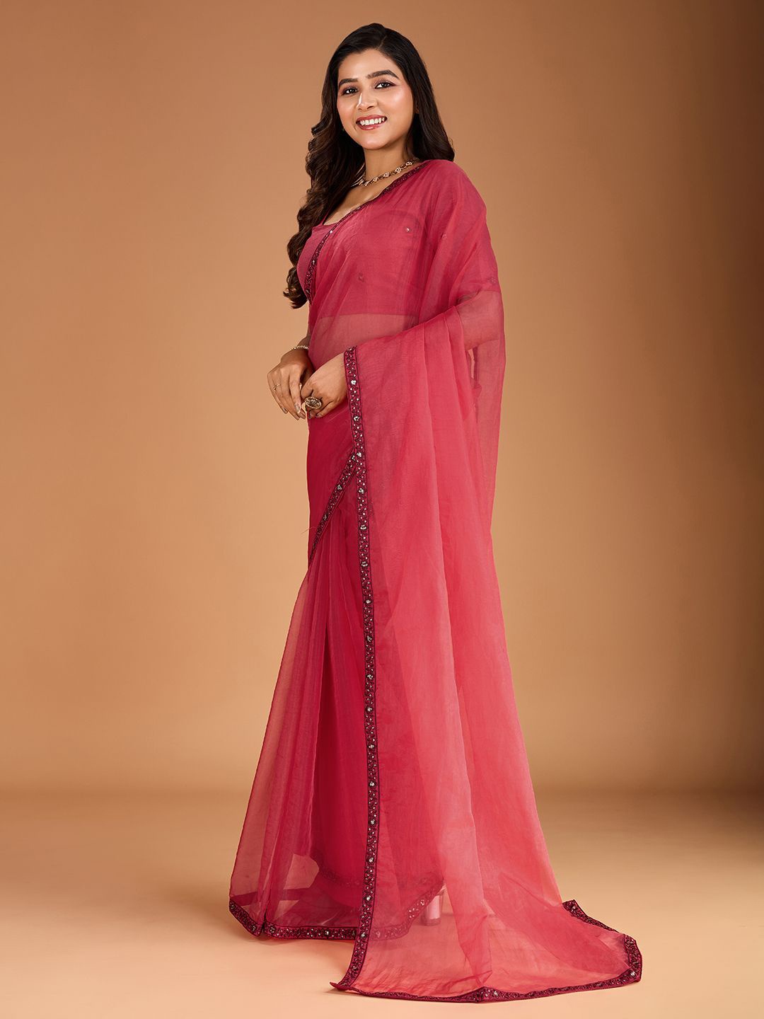 

House of Pataudi Sequinned Embroidered Organza Saree, Pink