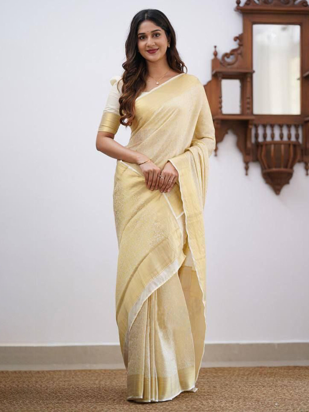

bansari textiles Woven Design Zari Kota Saree, Cream