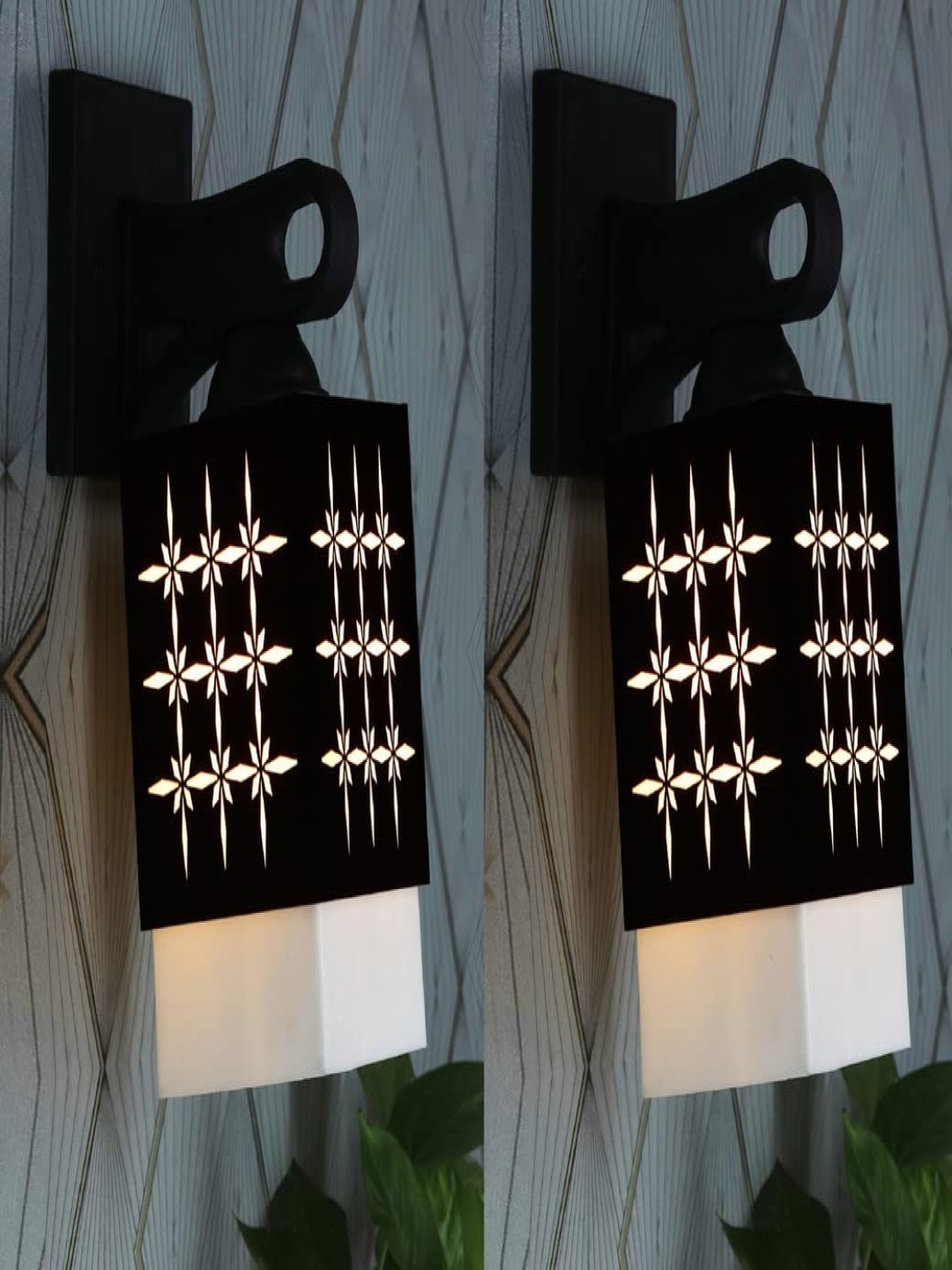 

Gojeeva Black & White 2 Pieces Textured Wooden Rectangle Shaped Wall Lamps