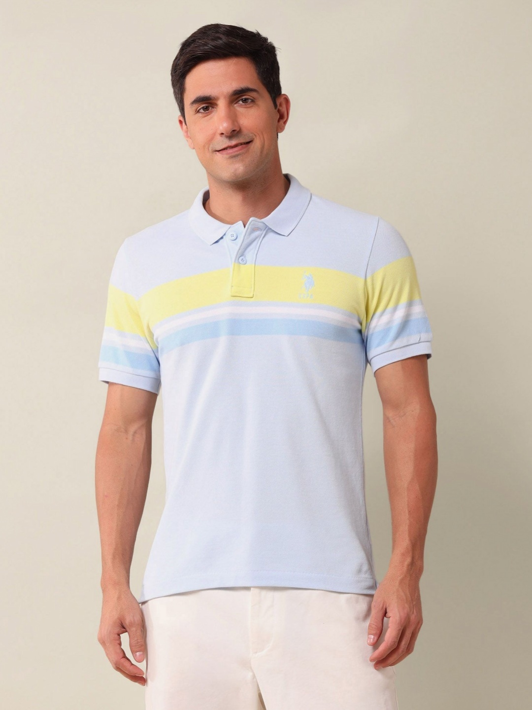 

U.S. Polo Assn. Men Striped Polo Collar Cotton Slim Fit T-shirt, Blue