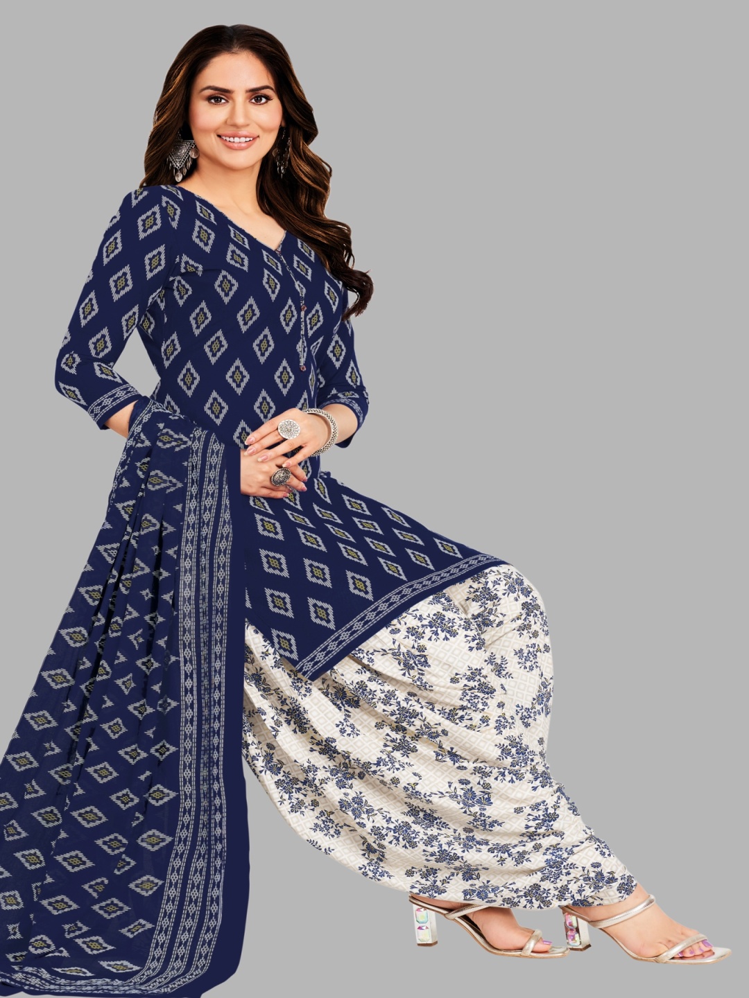 

shree jeenmata collection Ethnic Motifs Printed Pure Cotton Unstitched Dress Material, Blue