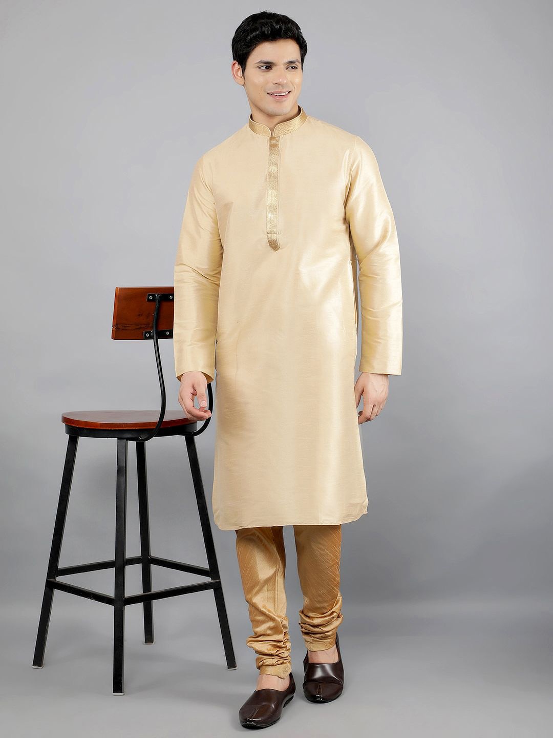 

Manish Creations Woven Design Mandarin Collar Jacquard Straight Kurta With Churidar, Beige