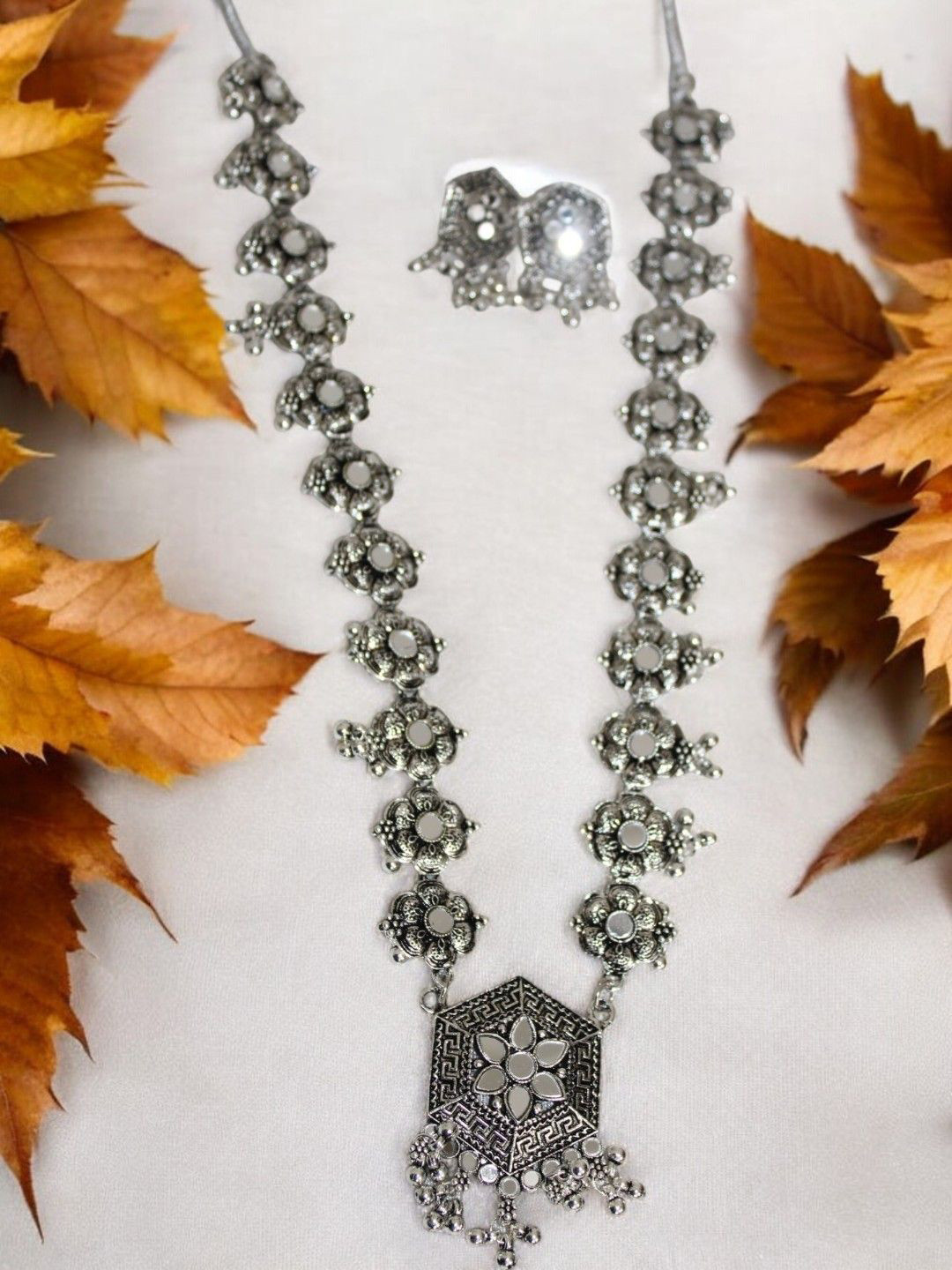 

Jolly Faces Beaded Oxidised Long Jewellery Set, Silver