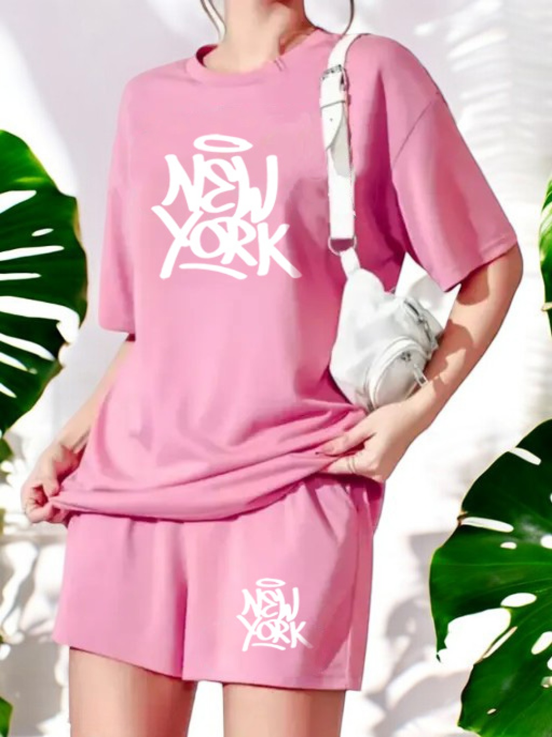 

My Swag Quirky Printed Pure Cotton Round Neck T-Shirt With Shorts, Pink