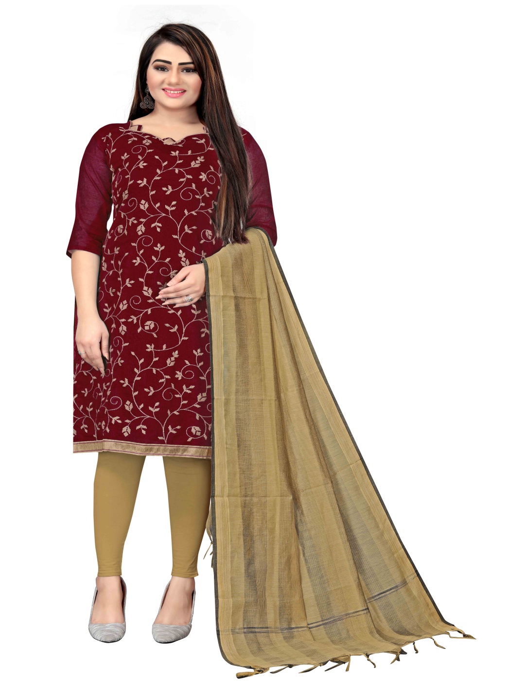 

HERE&NOW Embellished Unstitched Dress Material, Maroon