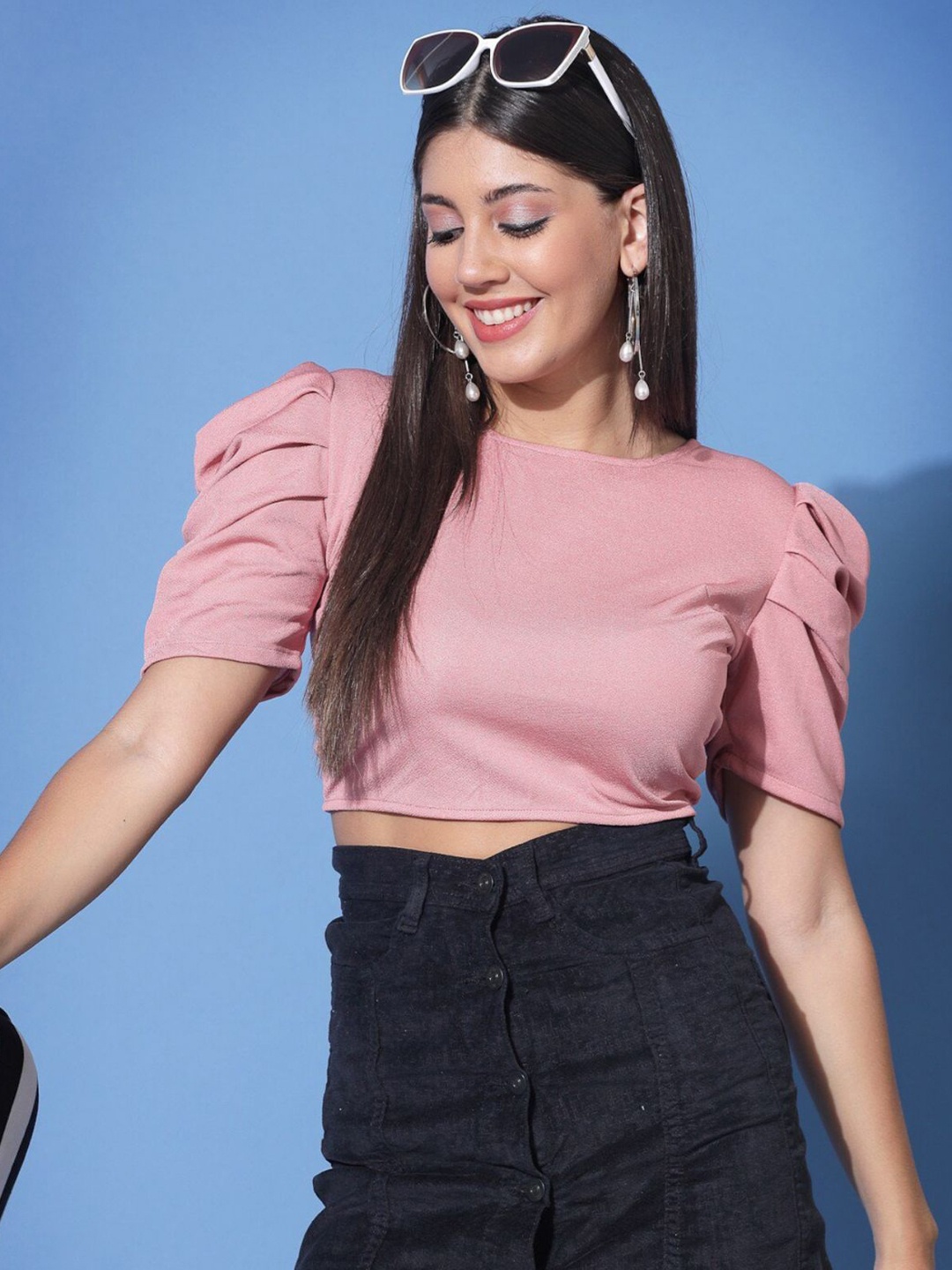 

CORSICA Puff Sleeve Round Neck Satin Crop Top, Pink