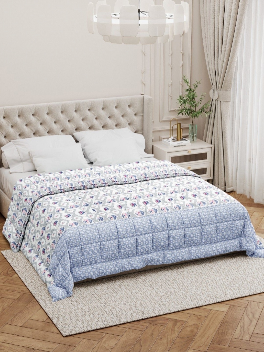 

Salona Bichona White & Blue Floral AC Room 150 GSM Double Bed Comforter