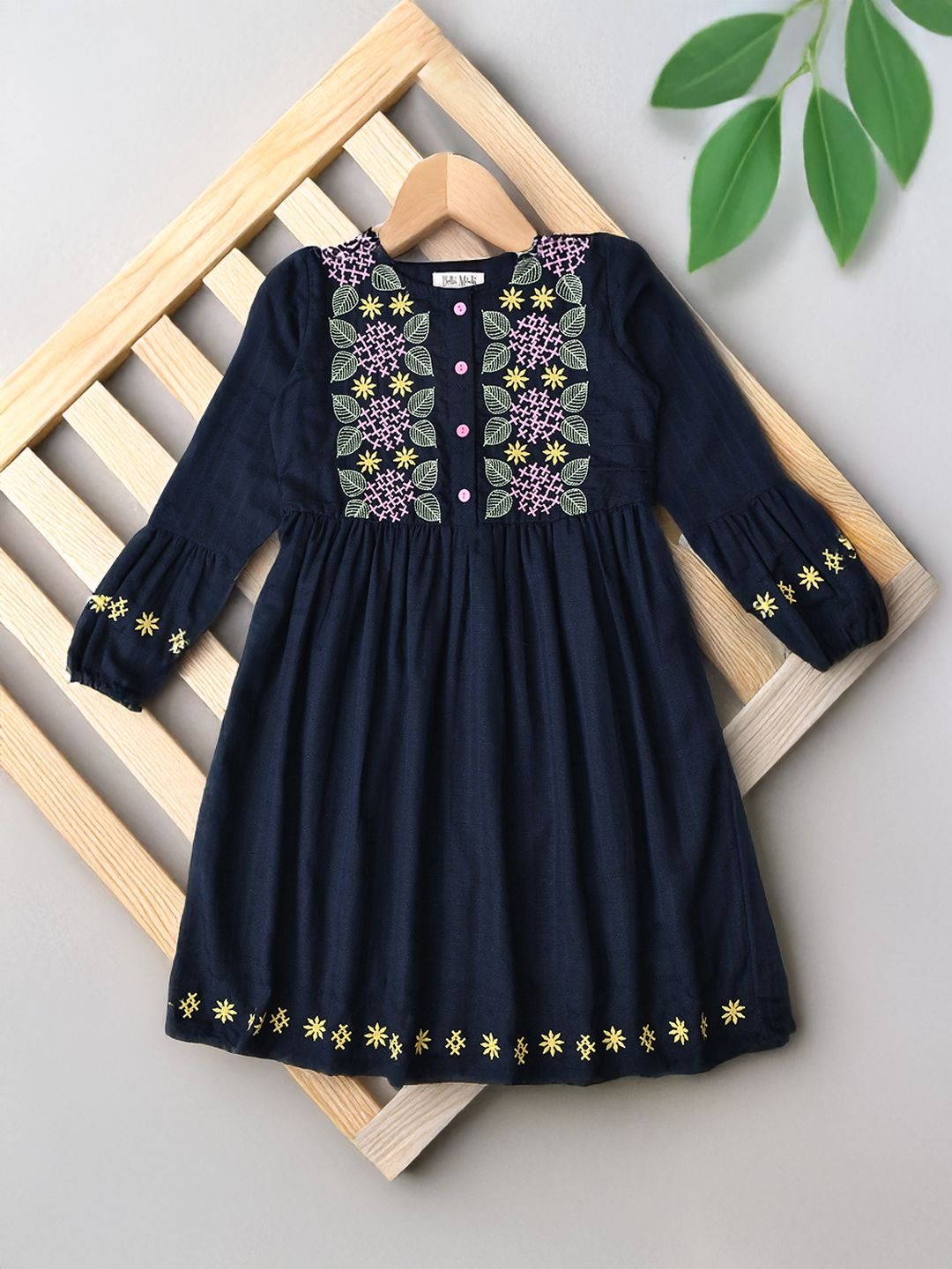 

Bella Moda Girls Floral Embroidered Puff Sleeve Cotton Fit & Flare Dress, Navy blue