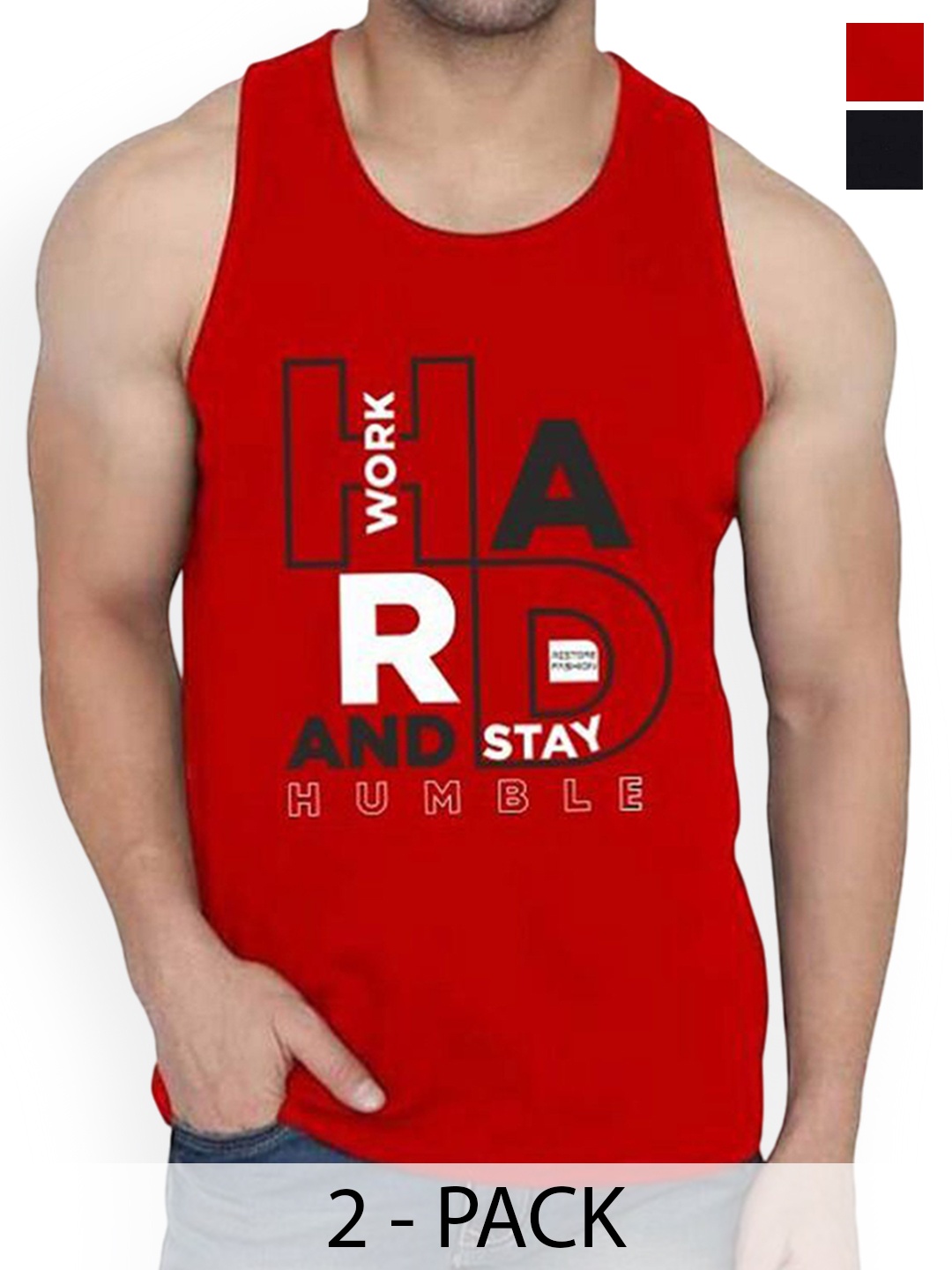 

WOOSTRO Pack Of 2 Printed Combed Cotton Gym Vest RS26 CMB (HARD RED) (HARD BLACK)