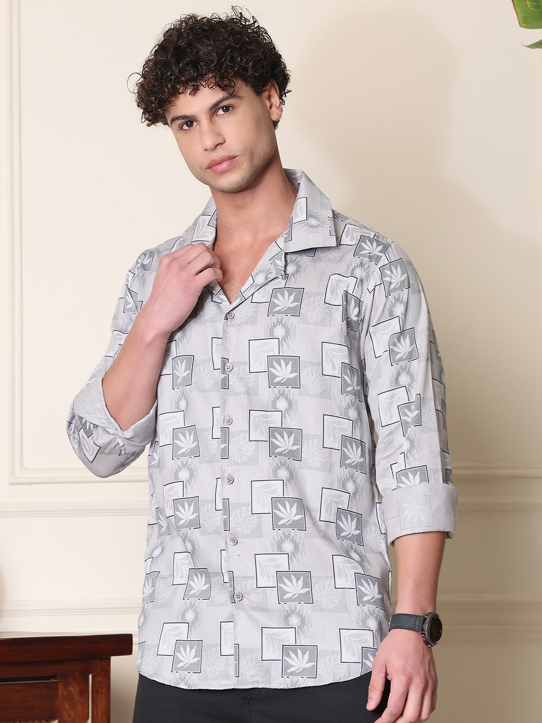 

Tanip Men Cuban Collar Floral Printed Cotton Casual Shirt, Grey