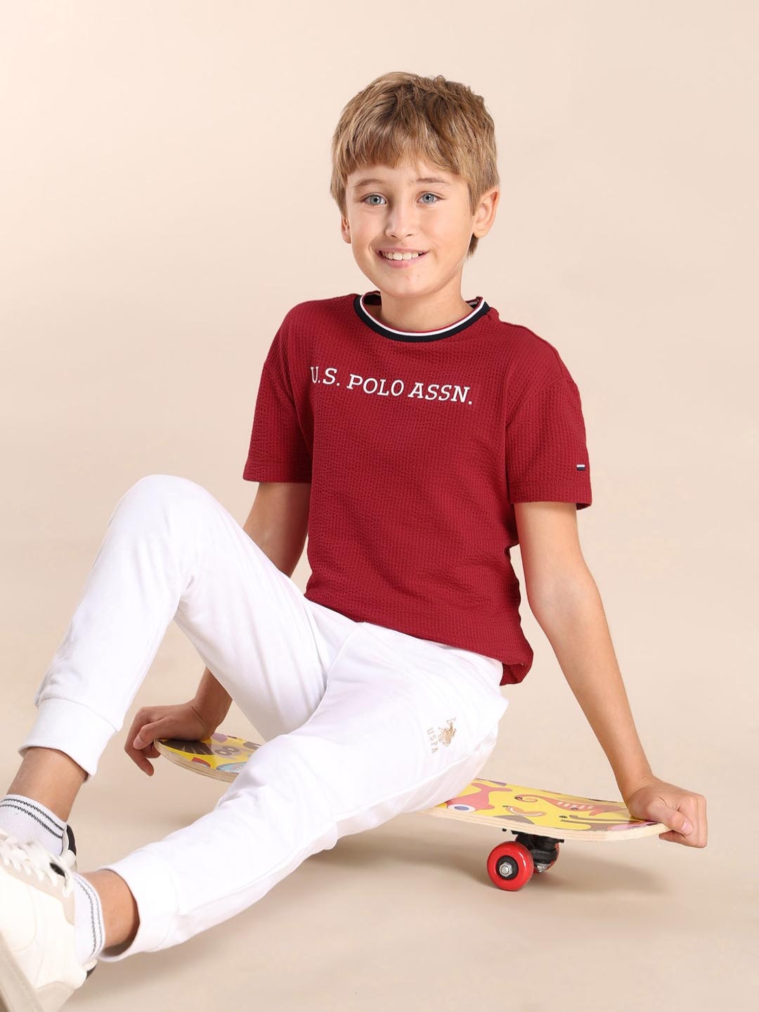 

U.S. Polo Assn. Kids Boys Brand Logo Printed Drop-Shoulder Sleeves T-shirt, Red