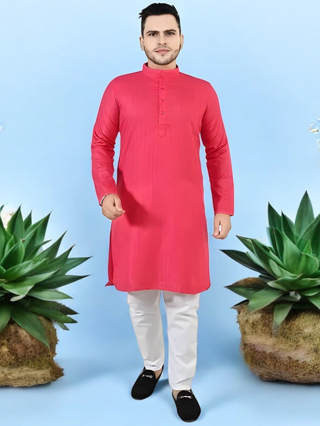 

Atly Men Striped Regular Sequinned Pure Cotton Kurta with Pyjamas, Pink