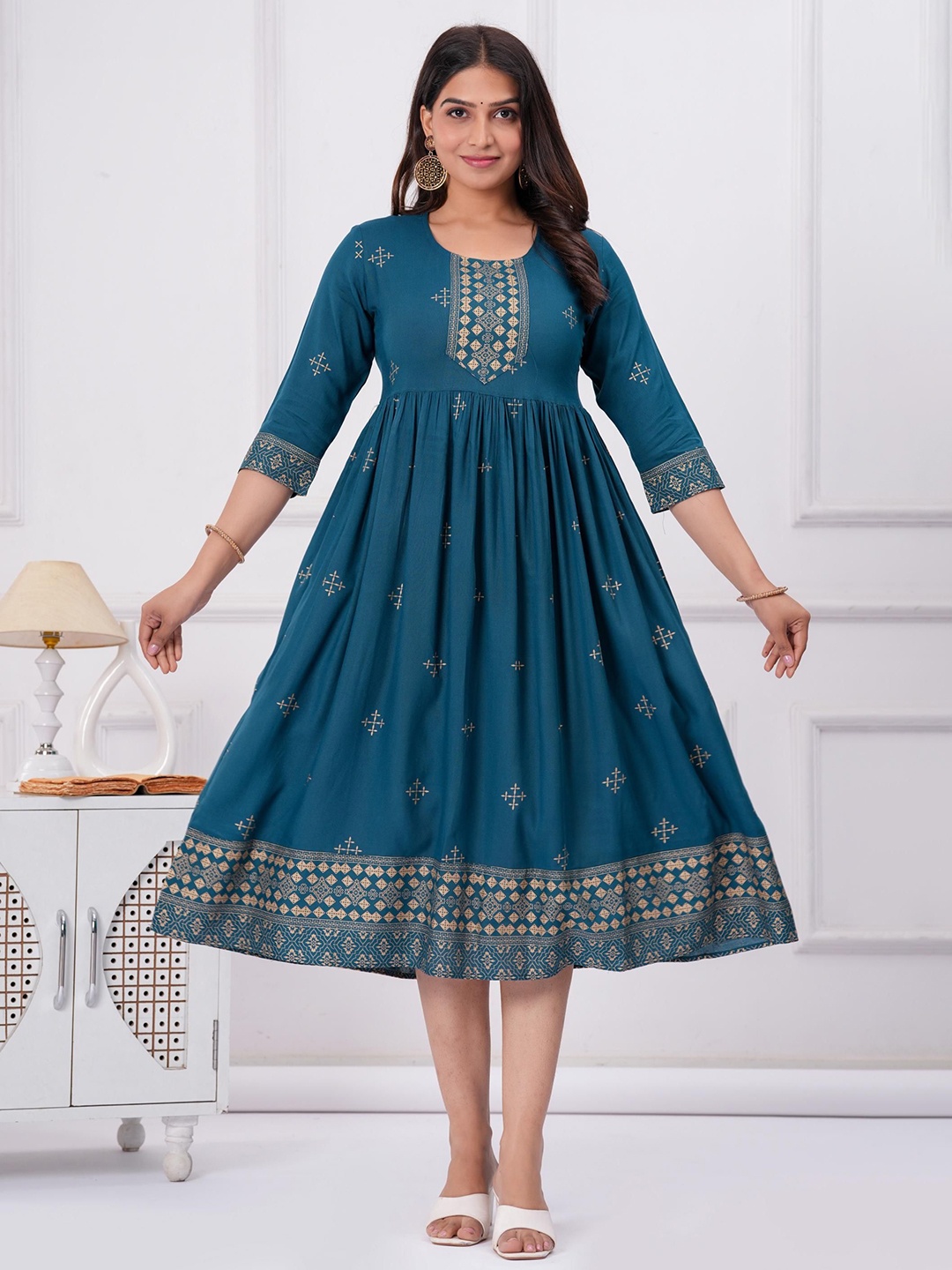 

Sanganeri Kurti Ethnic Motifs Print Fit & Flare Midi Dress, Turquoise blue