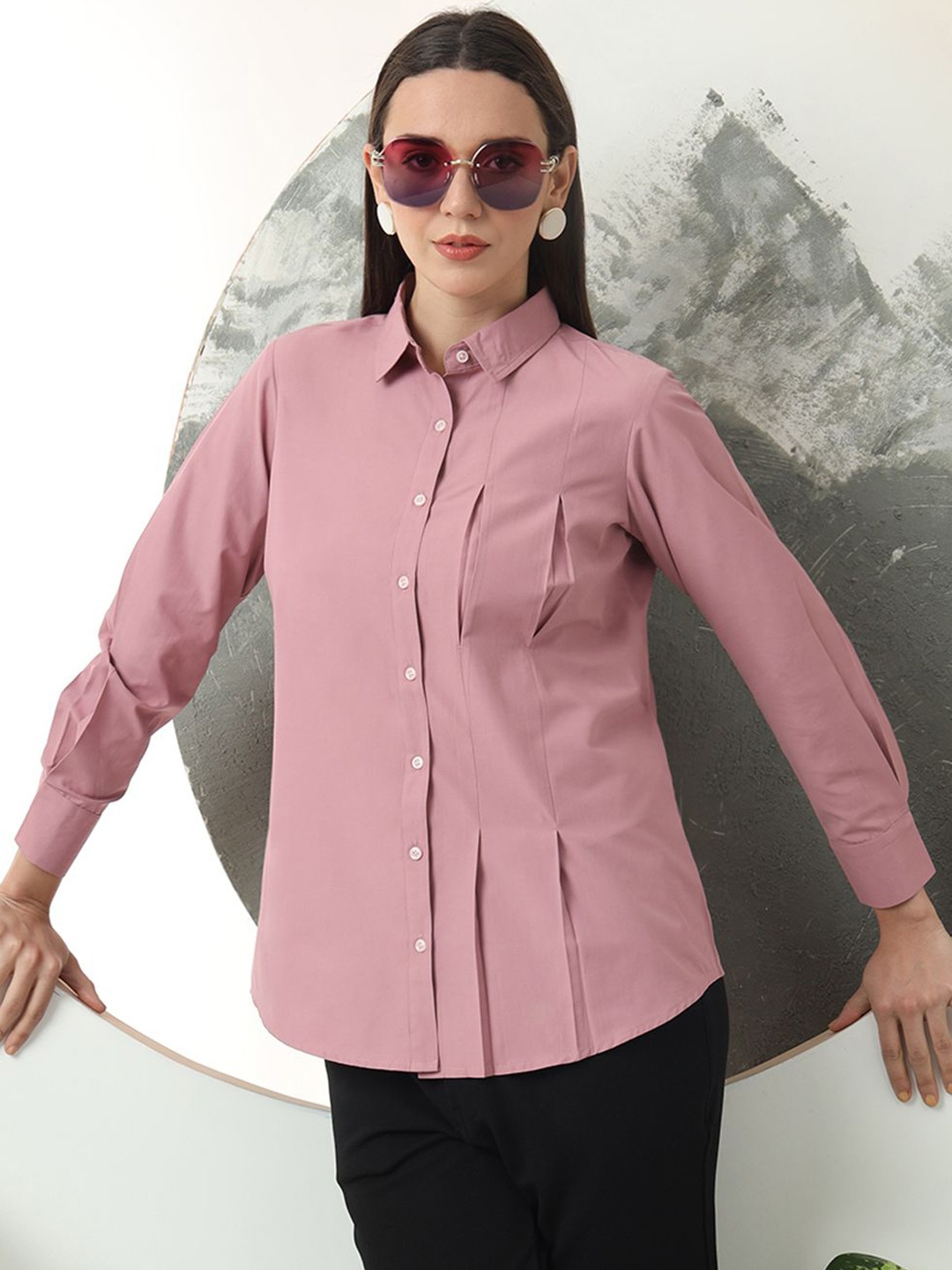 

FITHUB Women Spread Collar Solid Cotton Casual Shirt, Pink