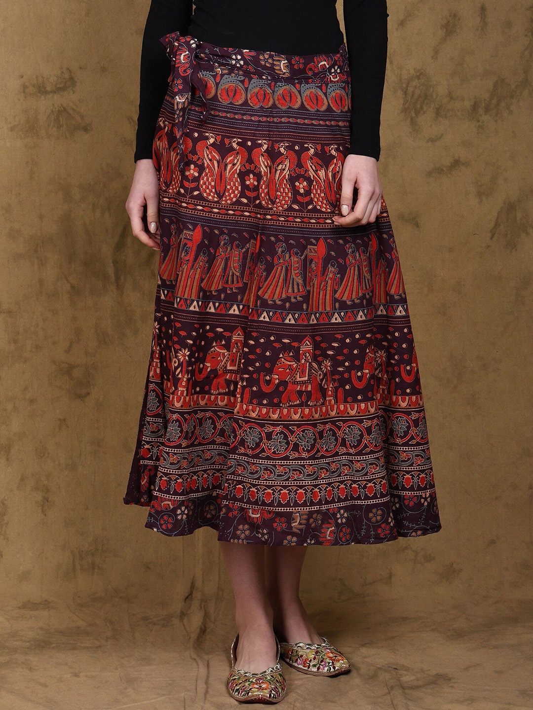 

Exotic India Wrap Around Midi Skirt with Printed Procession, Brown