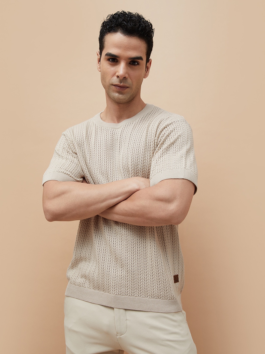 

CODE by Lifestyle Men Self Design Round Neck Cotton T-shirt, Beige