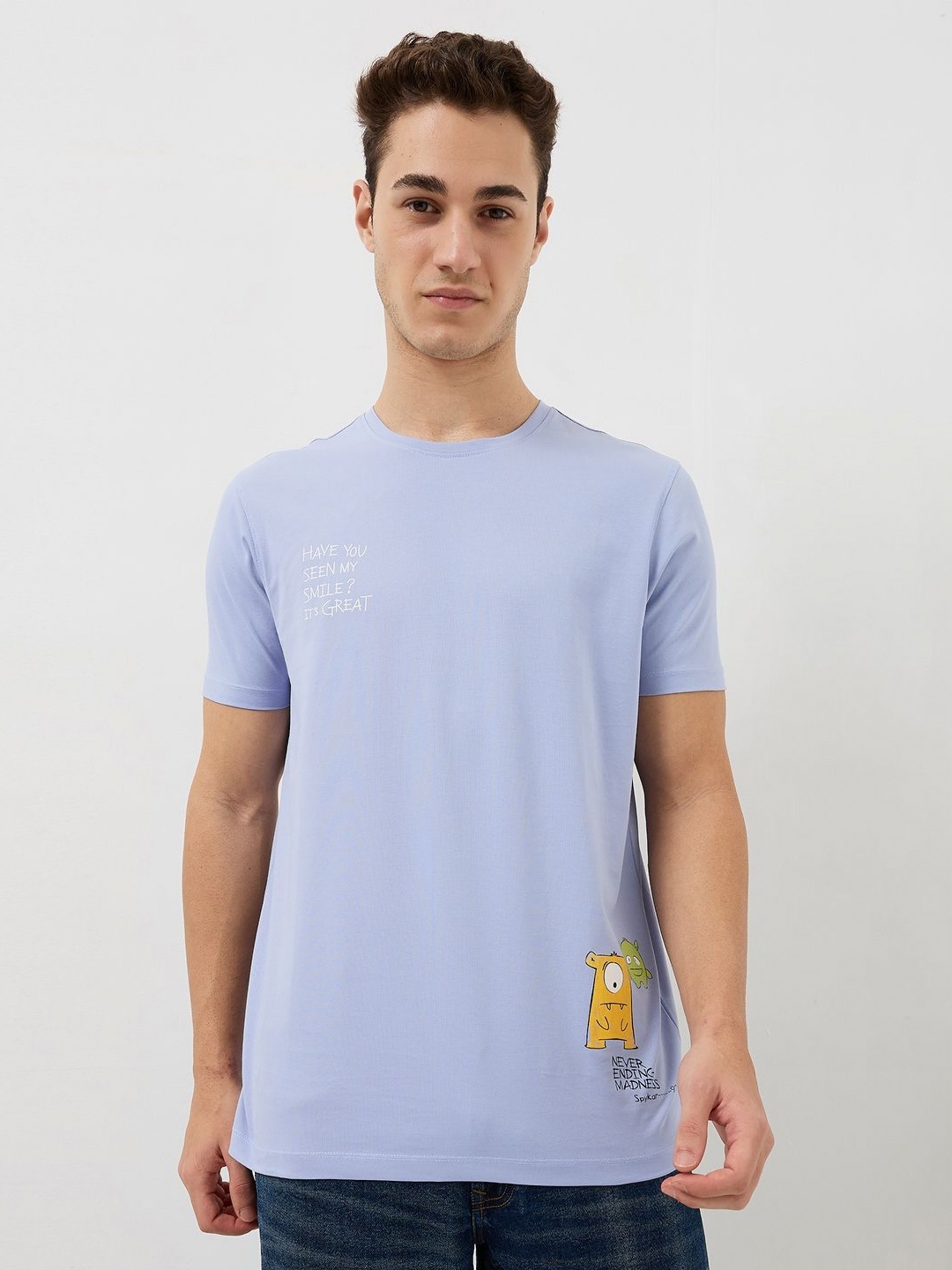 

SPYKAR Men Typography Printed Round Neck Cotton Slim Fit T-shirt, Lavender
