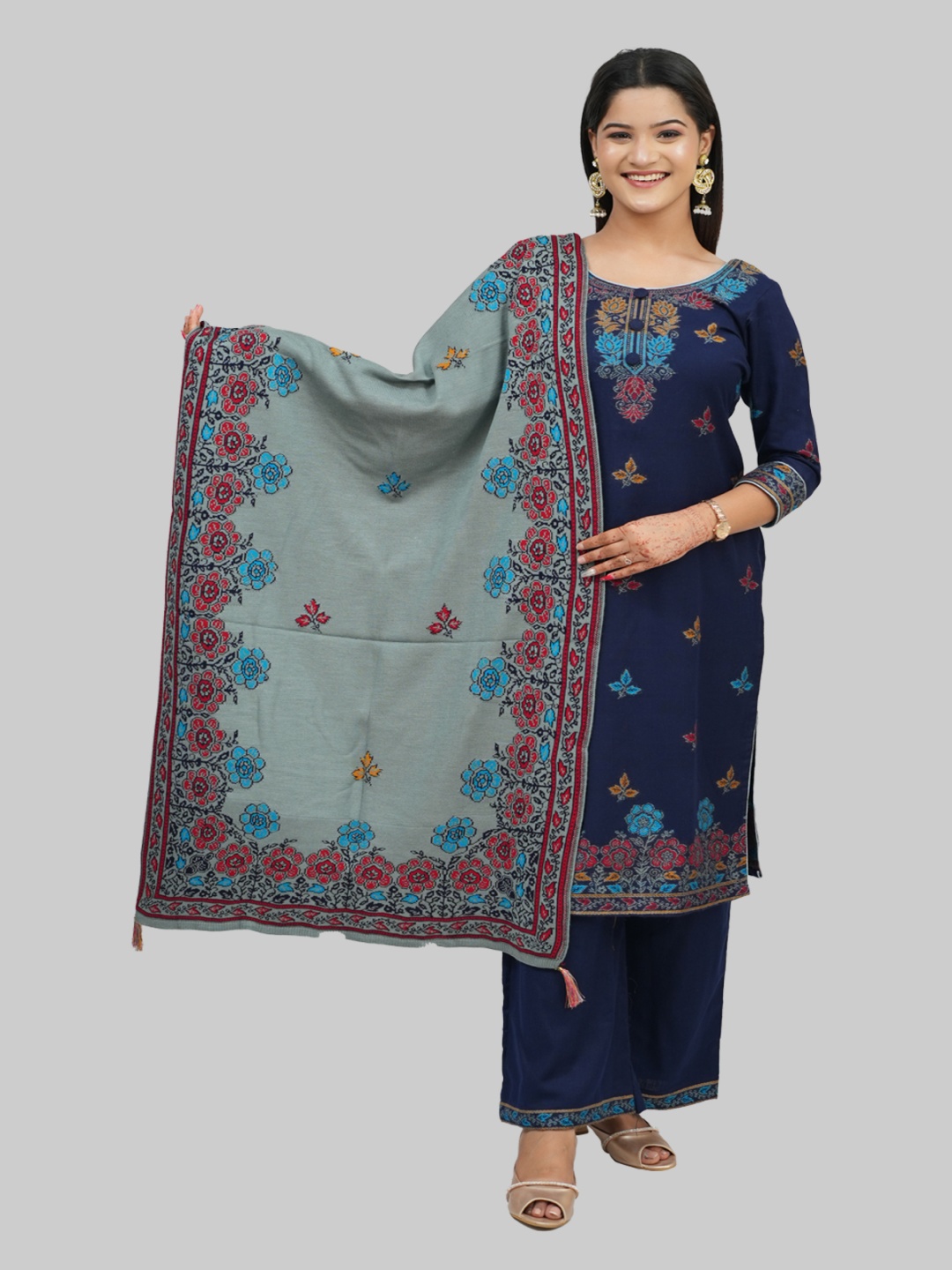 

Tones-N-Shades Floral Woven Design Velvet Unstitched Dress Material, Navy blue