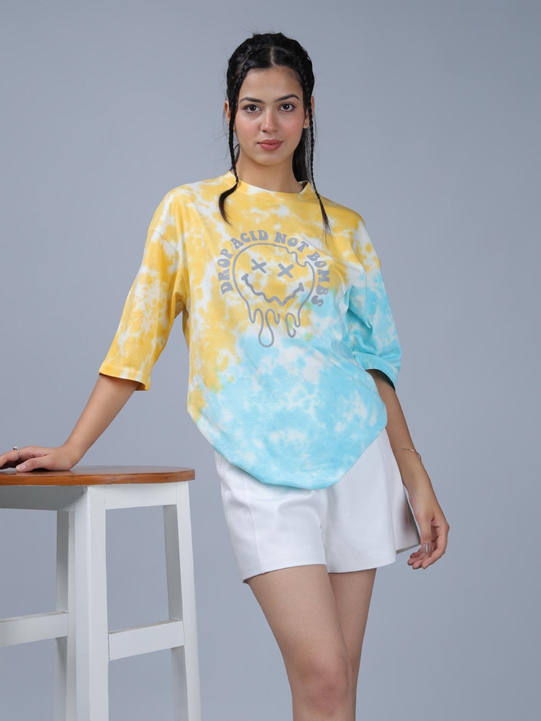 

Eyebogler Women Tie and Dye Dyed Applique T-shirt, Yellow