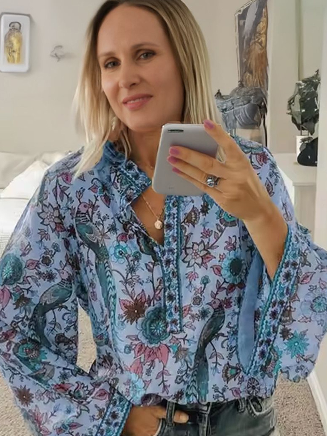 

StyleCast Women Floral Printed Kimono Sleeves Shirt Style Top, Blue