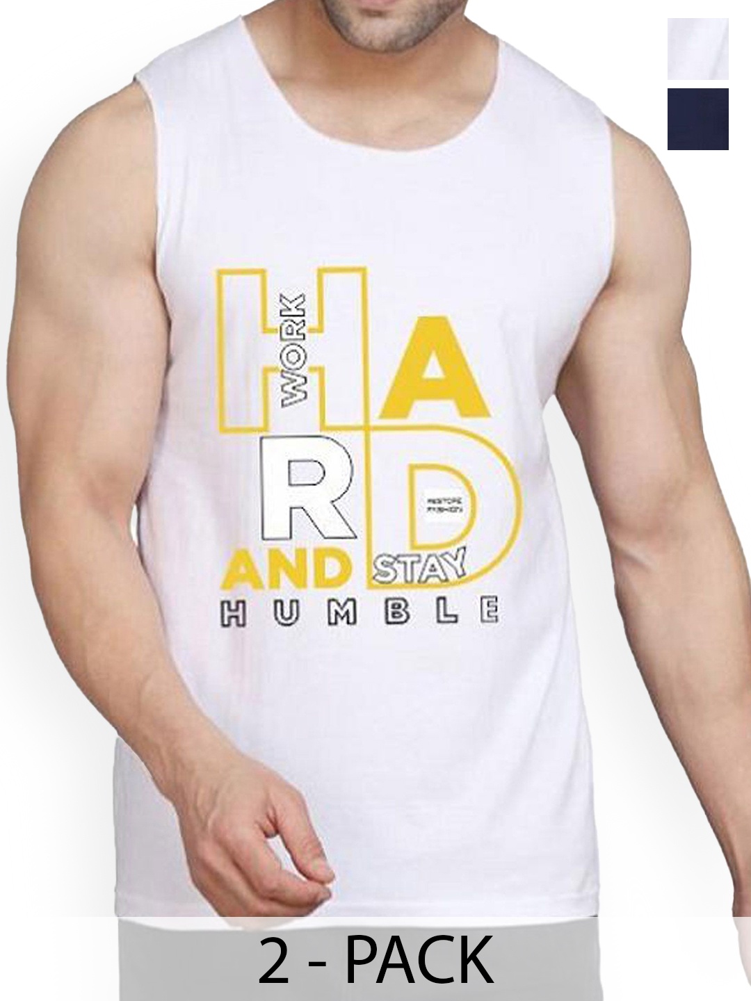 

WOOSTRO Men Pack Of 2 Printed Cotton Gym Vests, Navy blue