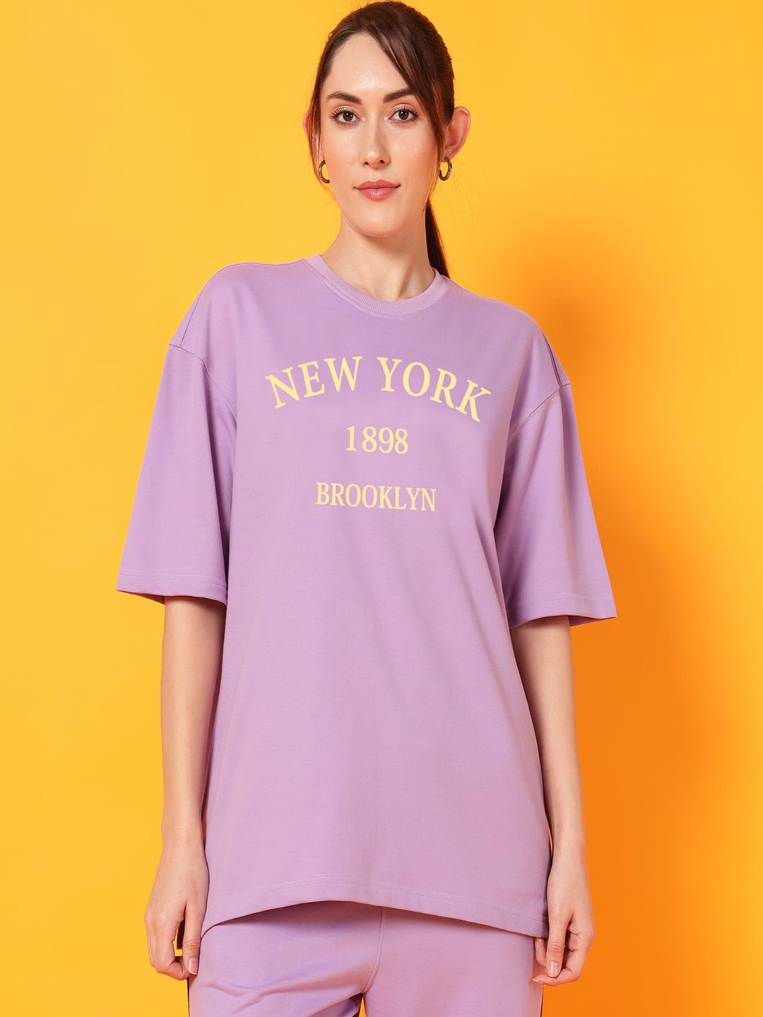 

Dogman Women Abzorb Varsity Printed Round Neck Cotton Oversized T-shirt, Lavender