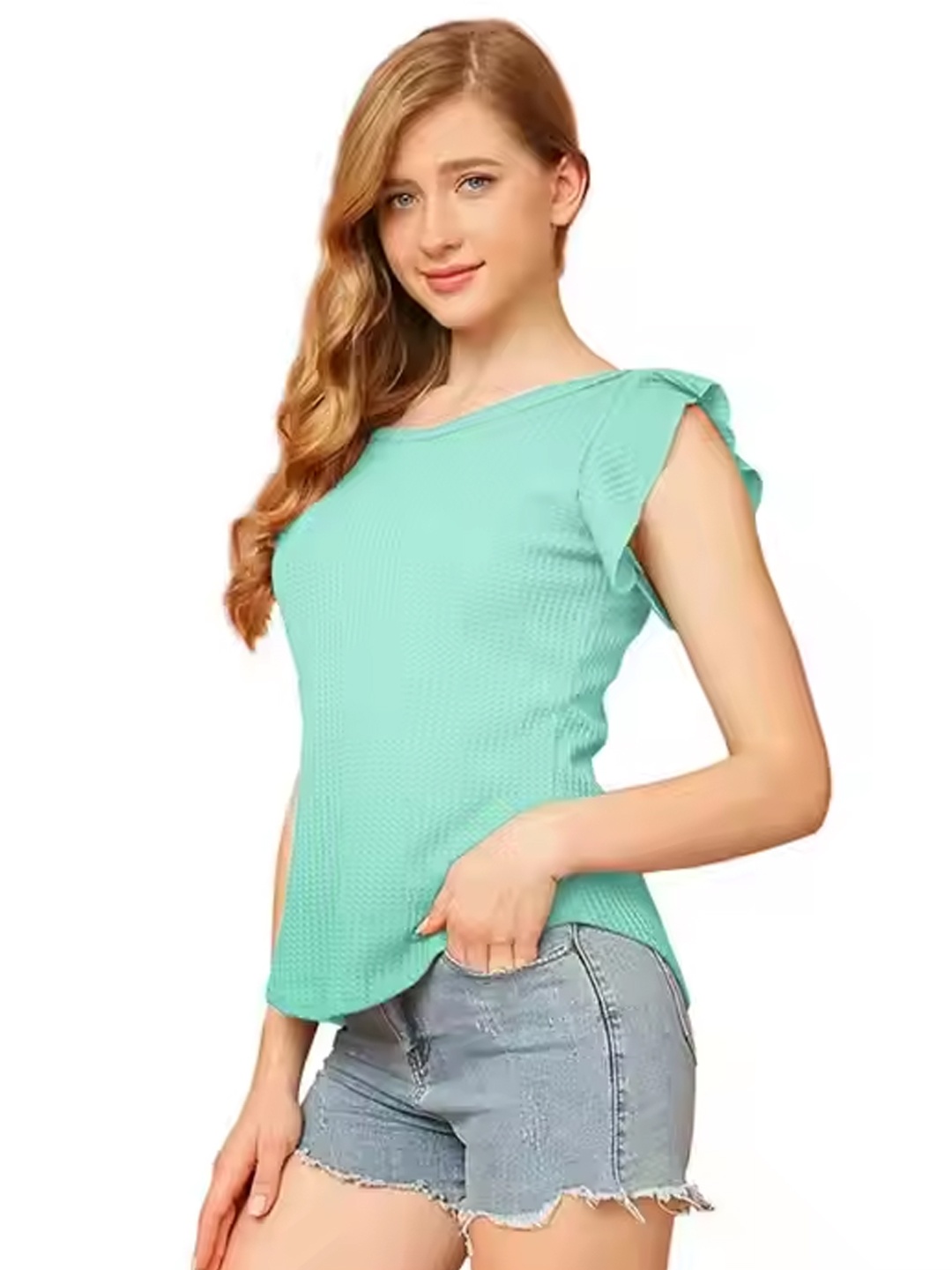 

StyleCast Women Self Design Flutter Sleeve Top, Green