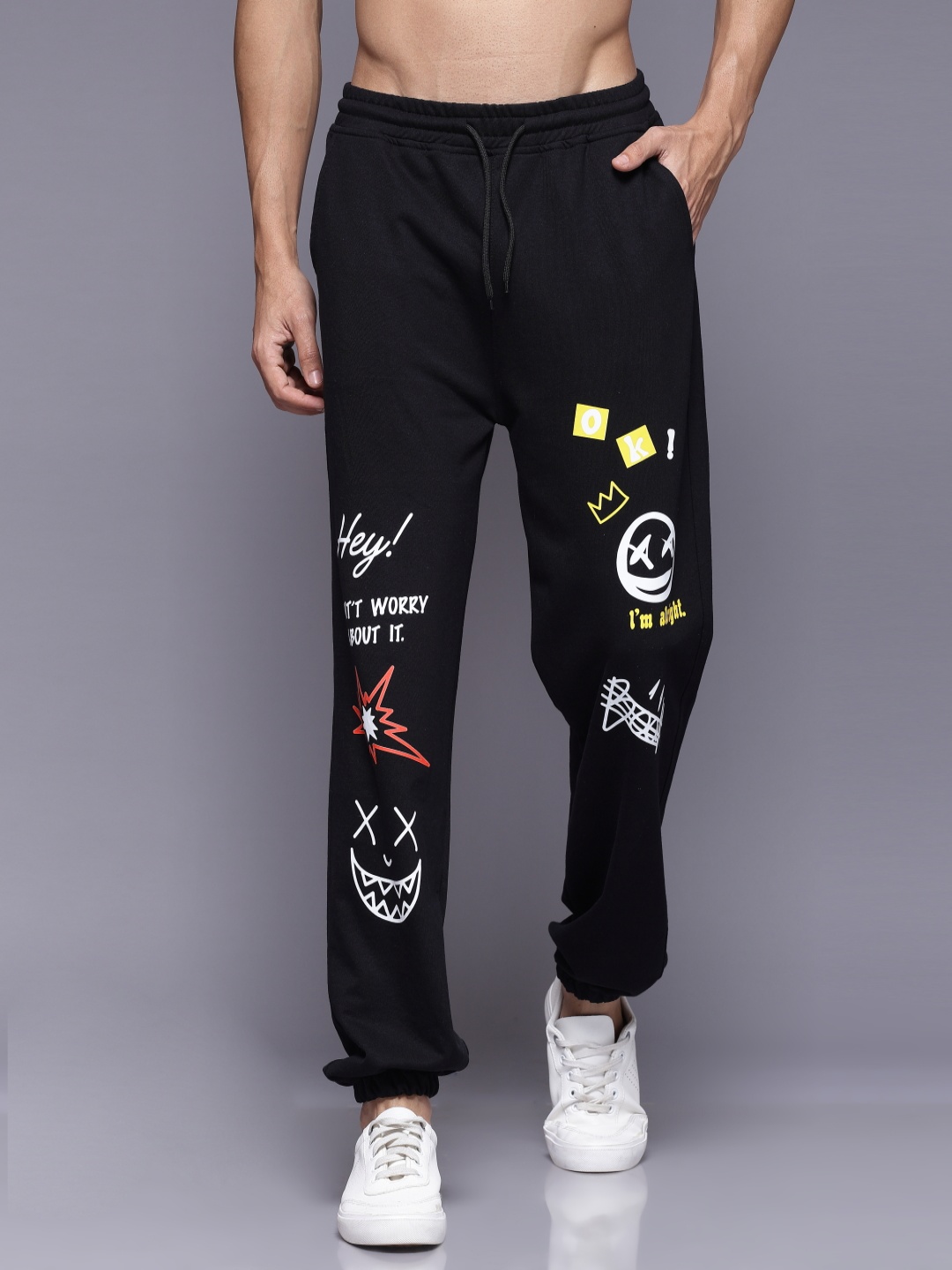 

FLYNOFF Men Relaxed Printed Loose Fit Joggers Trousers, Black